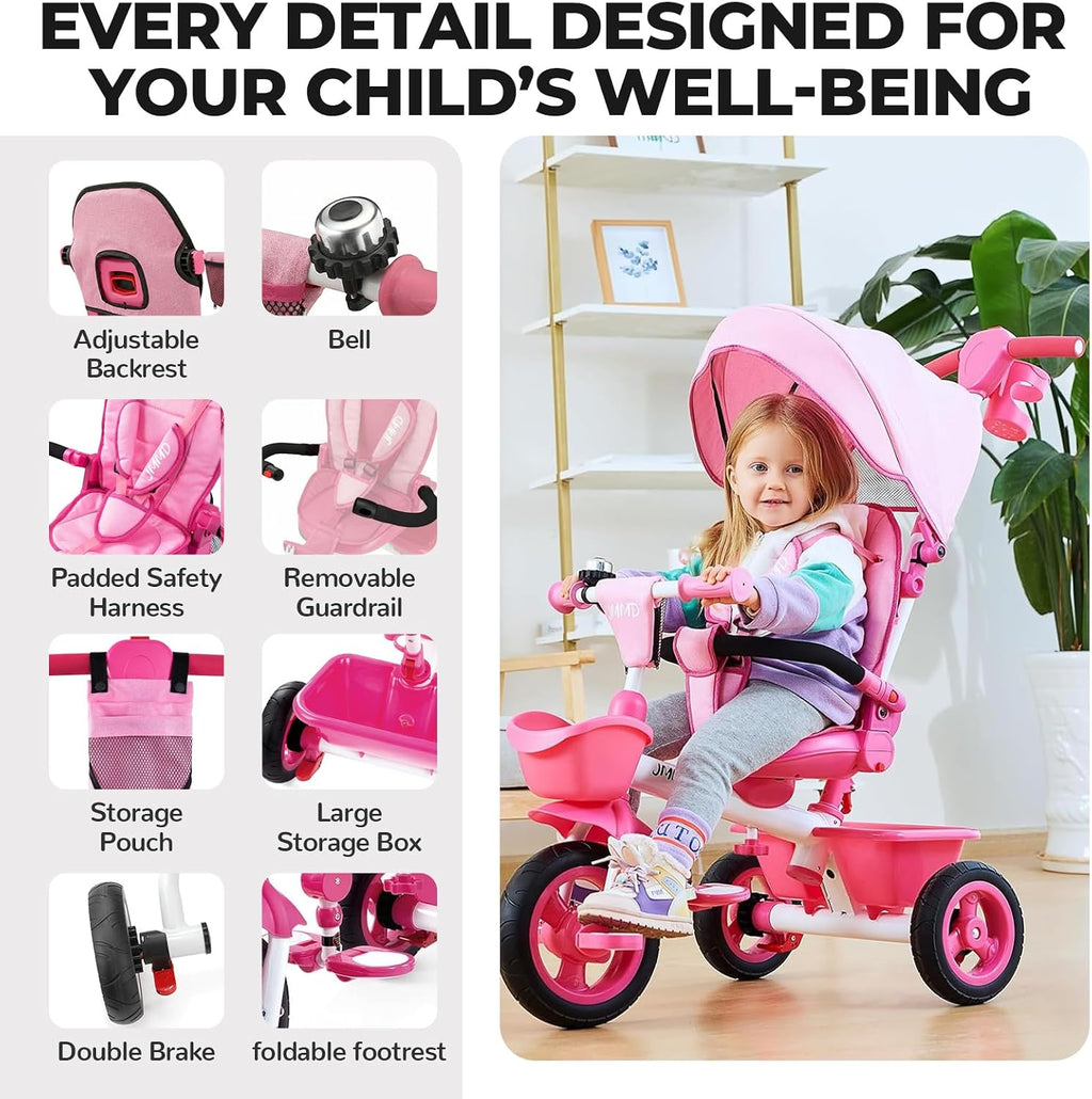 JMMD 7 in 1 Tricycle Stroller with Push Handle, Baby Trike with 360° Swivel Seat, Reclining Backrest, All-Terrain Wheels, Dual Brakes, Canopy & Storage, Gift for Kids 18 Months to 5 Years, Pink
