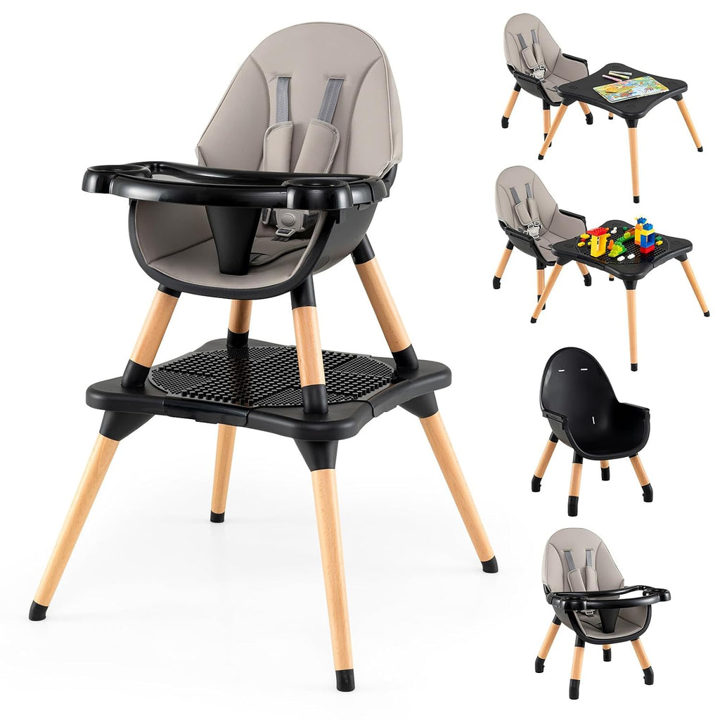 GLACER High Chair, 6-in-1 Convertible Wooden High Chairs for Babies and Toddlers w/Building Block Table, 5-Point Safety Harness, Removable Tray, PU Cushioned Baby High Chair for 6-36 Months (Black)