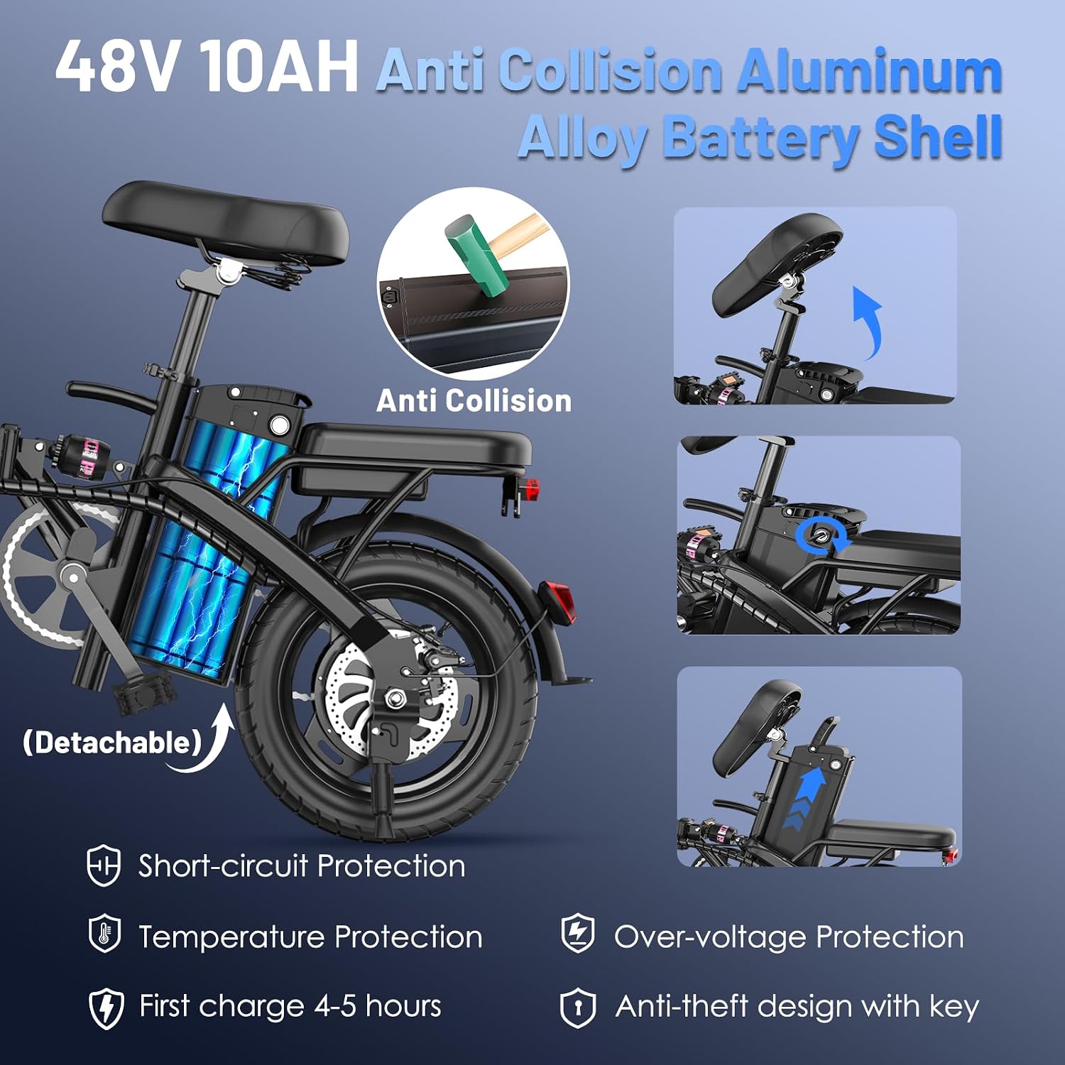 Foldable Electric Bike for Adults and Teens, 740W Peak Motor Ebike with 48V 10AH/20AH Removable Battery, 30-60 Miles PAS Range, 14' Folding Mini E-Bike, 20MPH Electric Bicycle for Daily Commuting