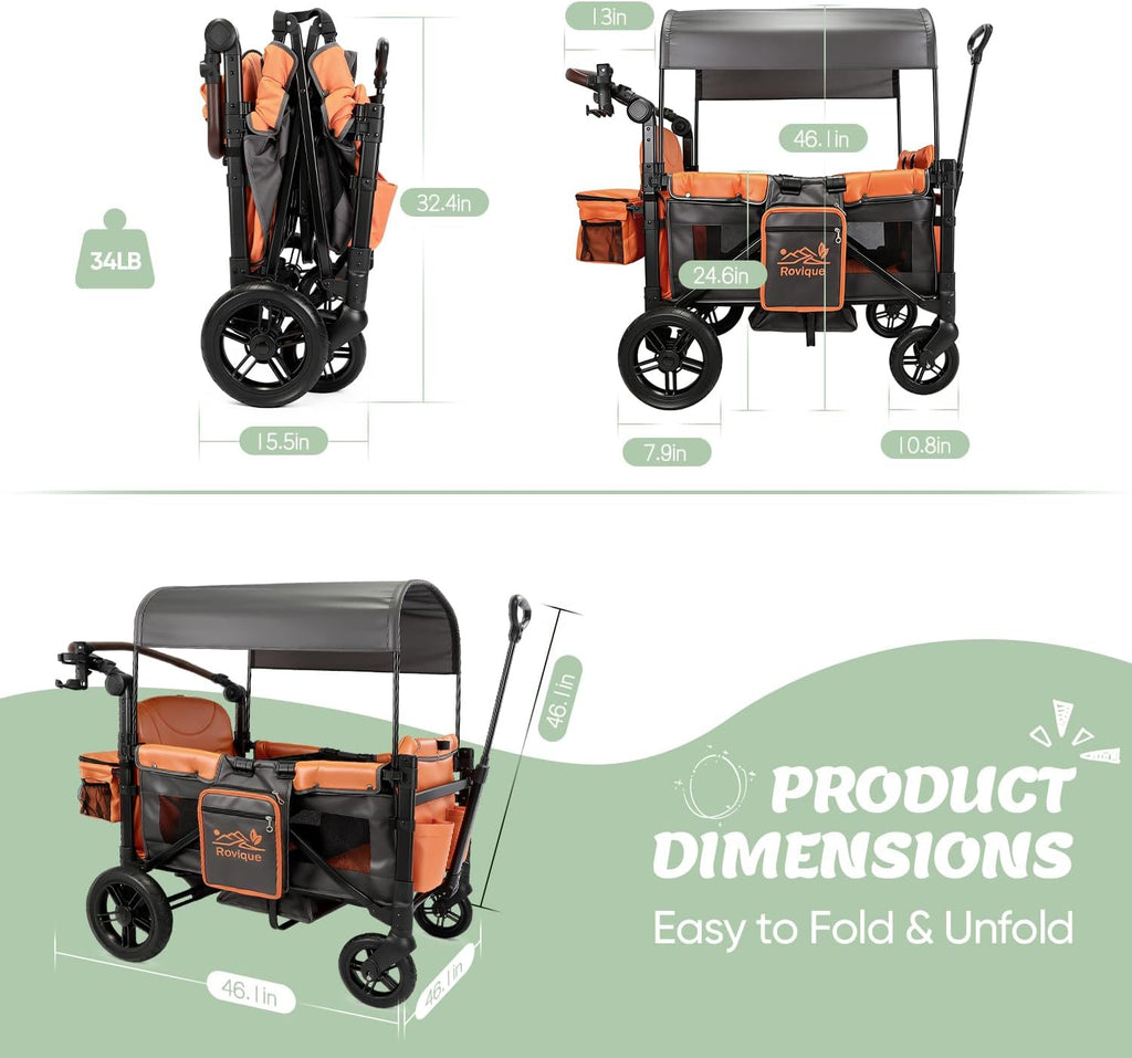 Rovique Wagon Stroller for 2 Kids, Convertible Baby Wagon with Bassinet Mode, Removable Canopy, Snack Tray, 5-Point Harness, All-Terrain PU Wheels, Adjustable Push Pull Handle (Orange)