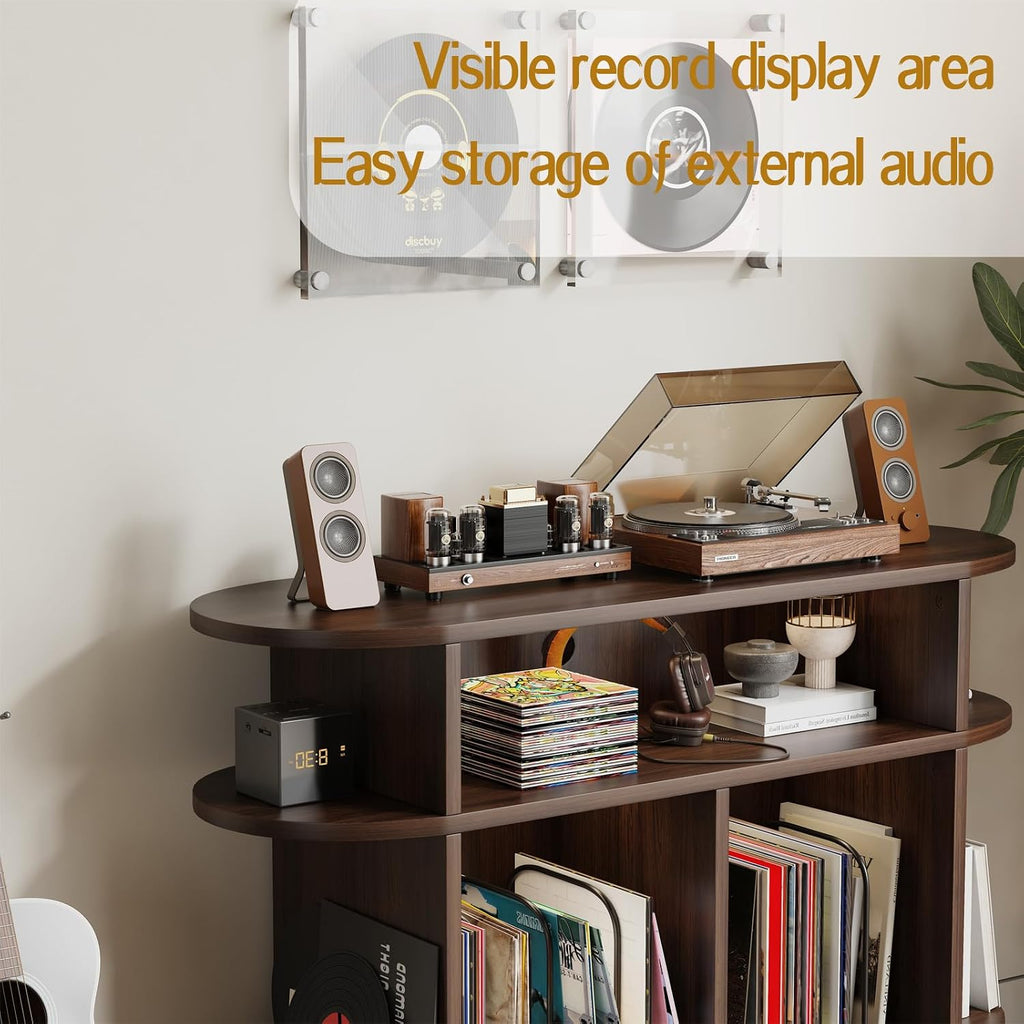 LIVEHOM Large Round Record Player Stand, Wood Record Storage Cabinet, Vinyl Record Holder with Display Area, Mid Century Modern Turntable for Living Room, Bedroom