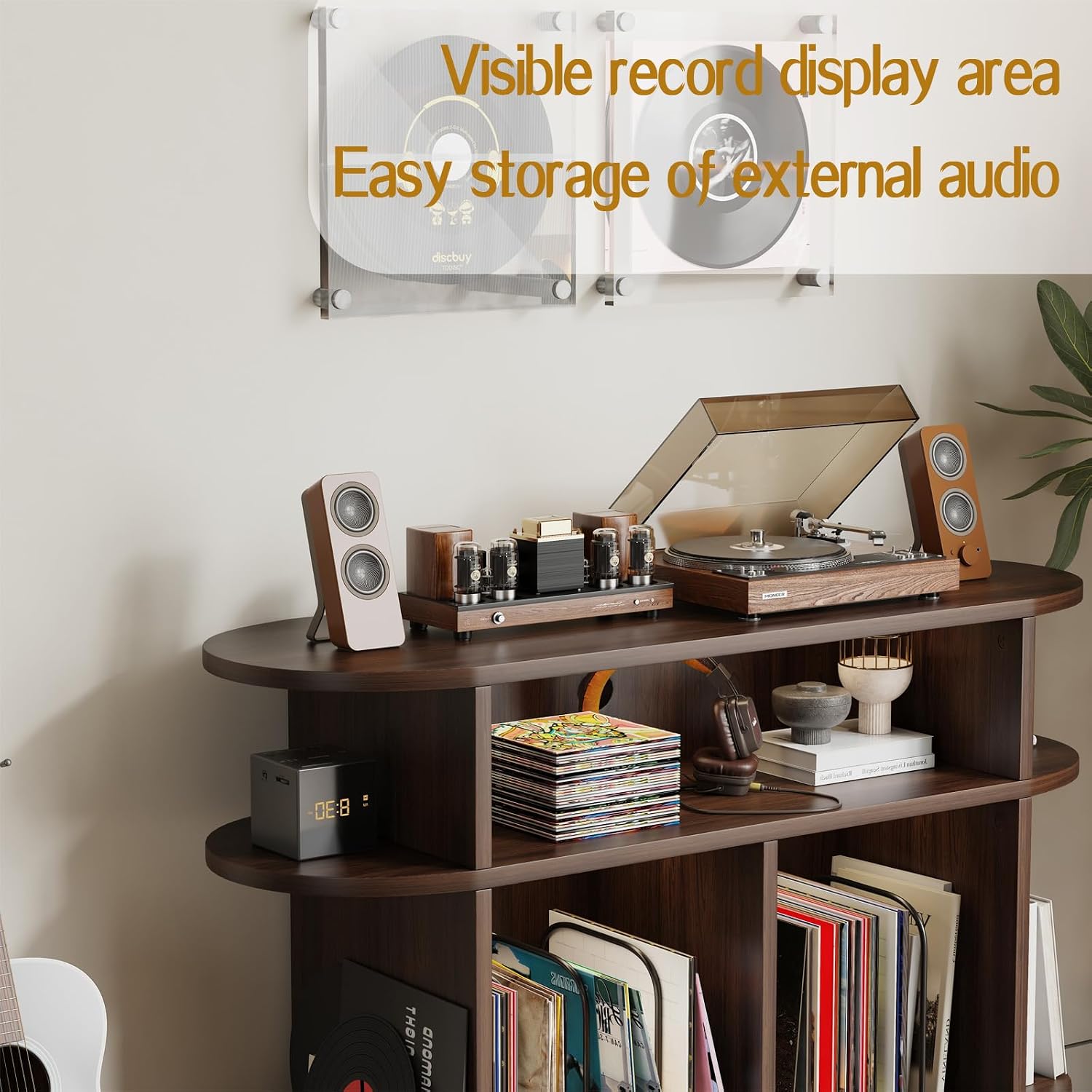 LIVEHOM Large Round Record Player Stand, Wood Record Storage Cabinet, Vinyl Record Holder with Display Area, Mid Century Modern Turntable for Living Room, Bedroom