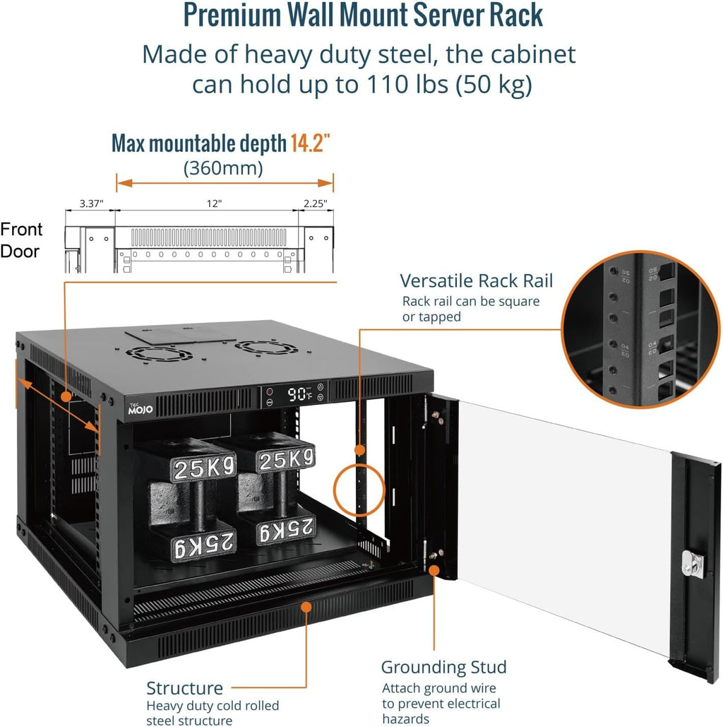 Tecmojo 6U Wall Mount Rack with Thermostat, 17.7inch Depth Enclosed Server Cabinet with 2 Cooling Fans,Lockable Door & Hardware,6U Rack for 19inch Equipments,Glass Door