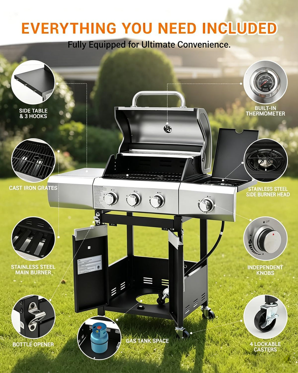 EUHOME 40,500 BTU 3-Burner Propane Gas Grill with Side Burner, Stainless Steel Outdoor BBQ Grill with 380 sq.in Cooking Space, 4 Swivel Casters & Cast Iron Grates for Patio Backyard Garden
