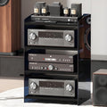 Modern Stereo Cabinet - Adjustable Audio Rack Storage Tower for Media, DVD, TV Box & Game Console - Stylish Black Design with Acrylic Baffle, Perfect for Record Players