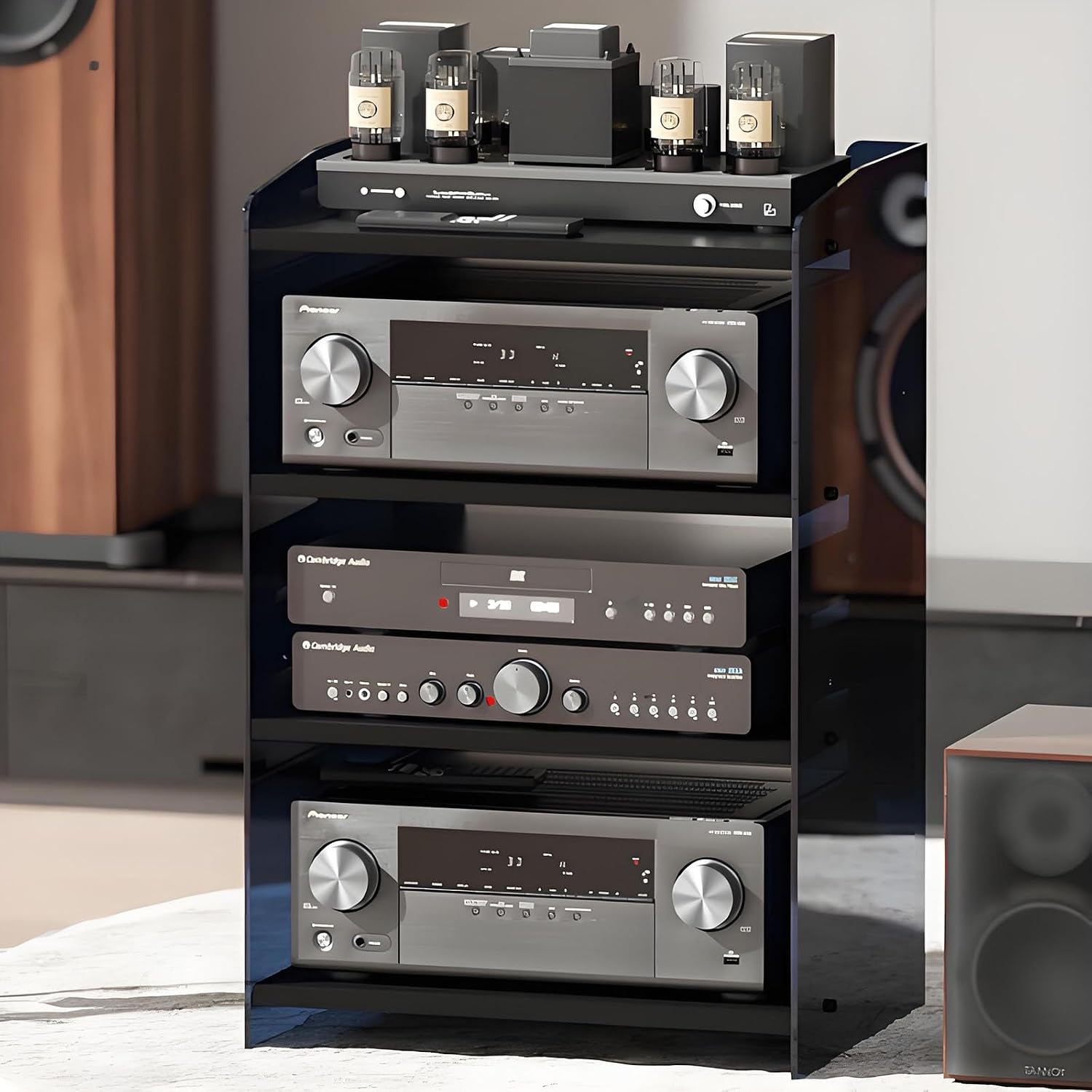 Modern Stereo Cabinet - Adjustable Audio Rack Storage Tower for Media, DVD, TV Box & Game Console - Stylish Black Design with Acrylic Baffle, Perfect for Record Players