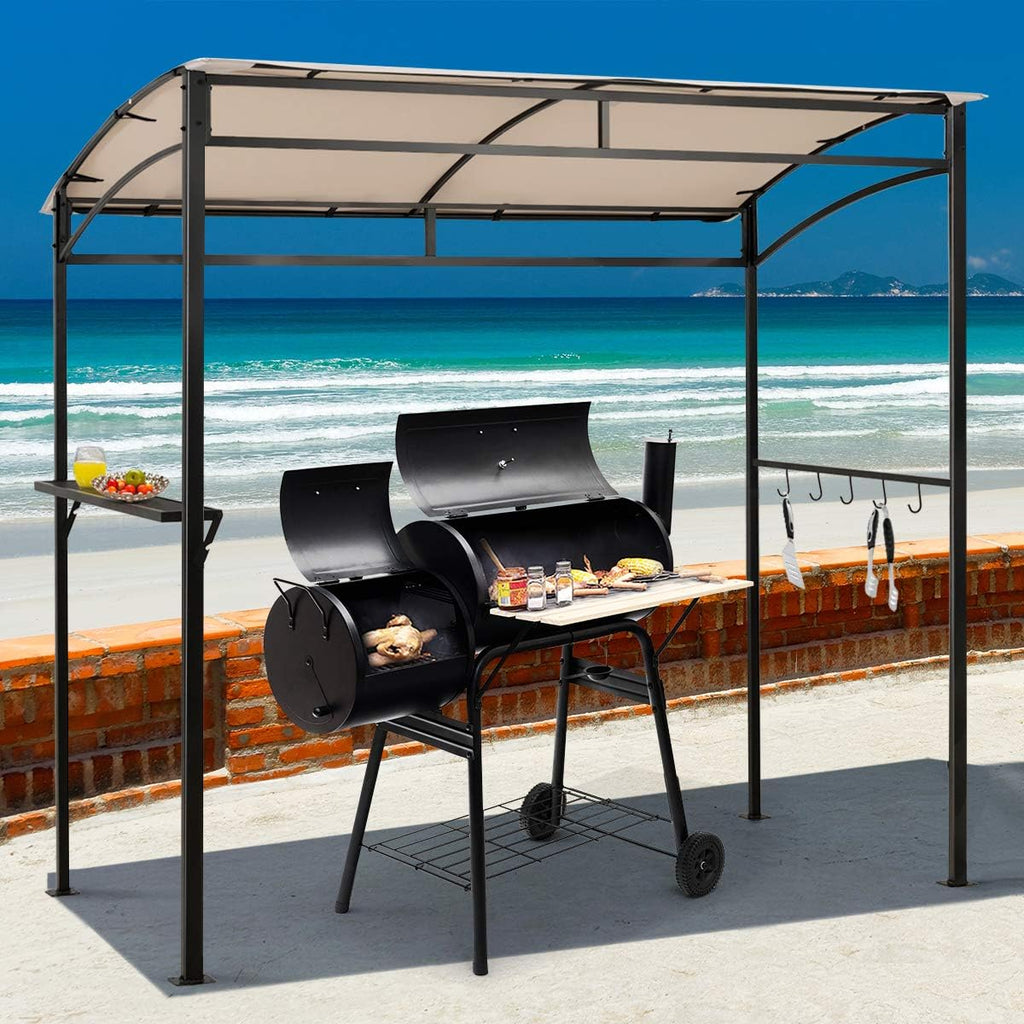 Tangkula 7ft Grill Gazebo, Patio Barbecue Canopy with Serving Shelf and Storage Hooks, Curved Grill Shelter w/Heavy-Duty Steel Frame Sunshade Gazebo for Outdoor Garden (Beige)