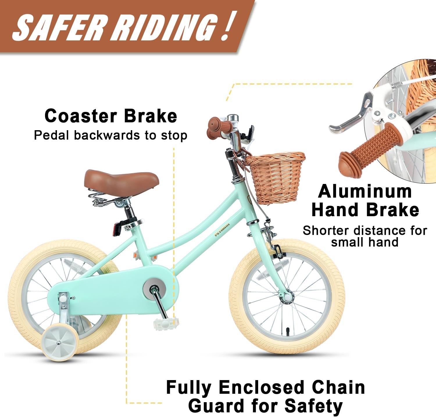 Petimini Vintage Kids Bike for Girls, 12–20 Inch Classic Bicycle with Wicker Basket & Bell, High Tensile Steel Frame, Training Wheels (12–18'), 85% Pre-Assembled, Retro Bike for Outdoor Riding