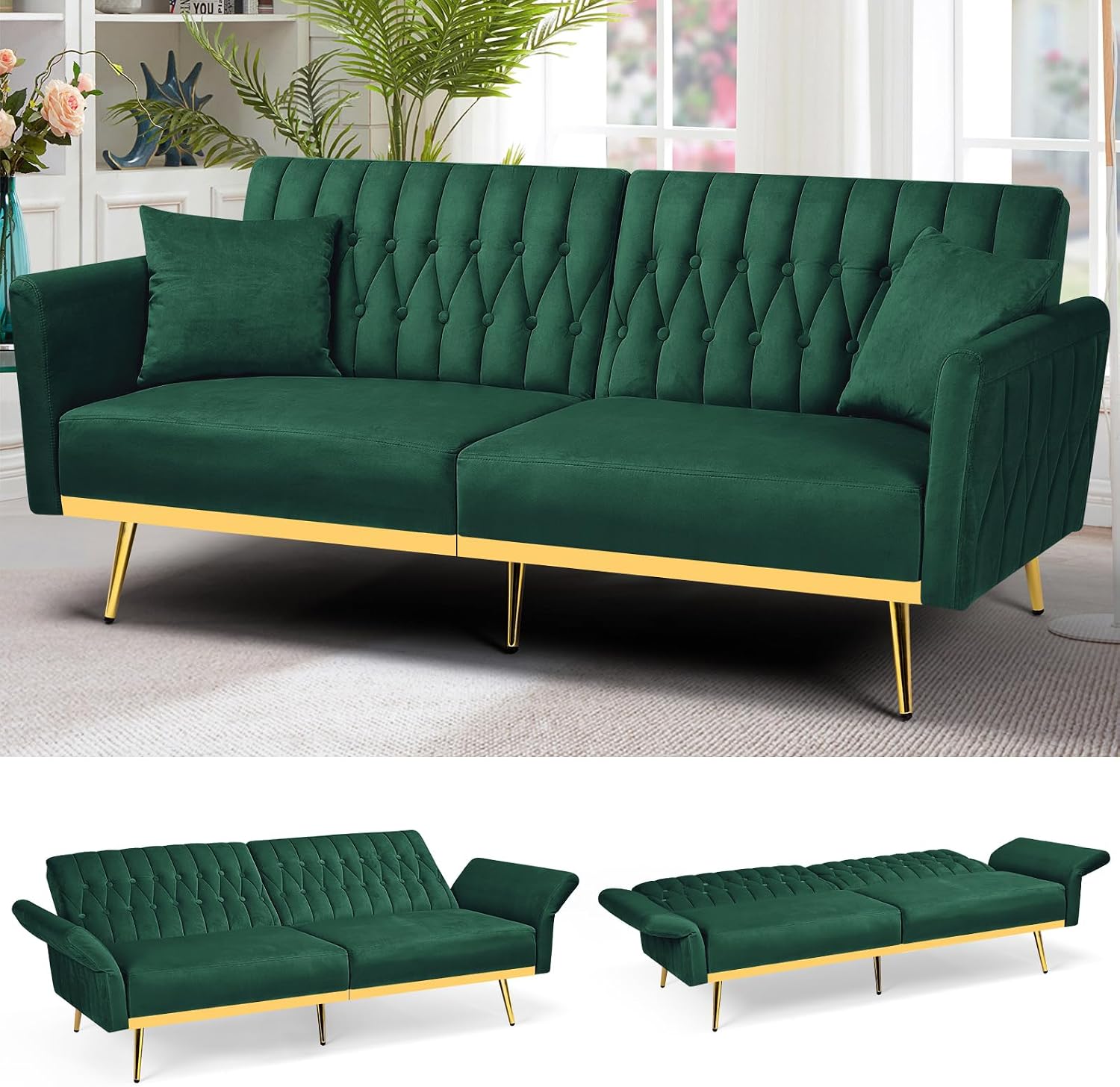 70' Velvet Futon Sofa Bed w/Adjustable Backrests and Armrests, Convertible Futon Couch with 2 Pillows, Modern Tufted Sleeper Bed for Living Room, Bedroom,Green