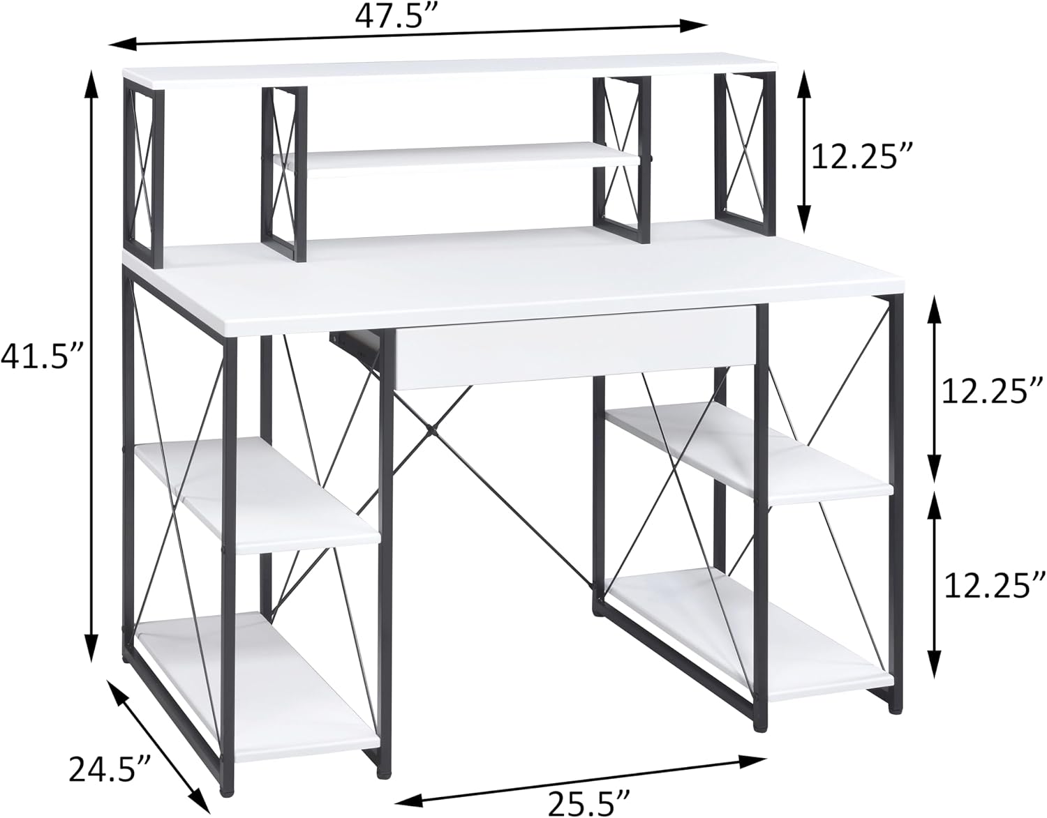 AMNOOL Office Desk with Open Shelves - Stylish Wood Recording Studio Workstation with Drawer and Compartments for Audio Equipment, Cables, and Accessories (White+Black)