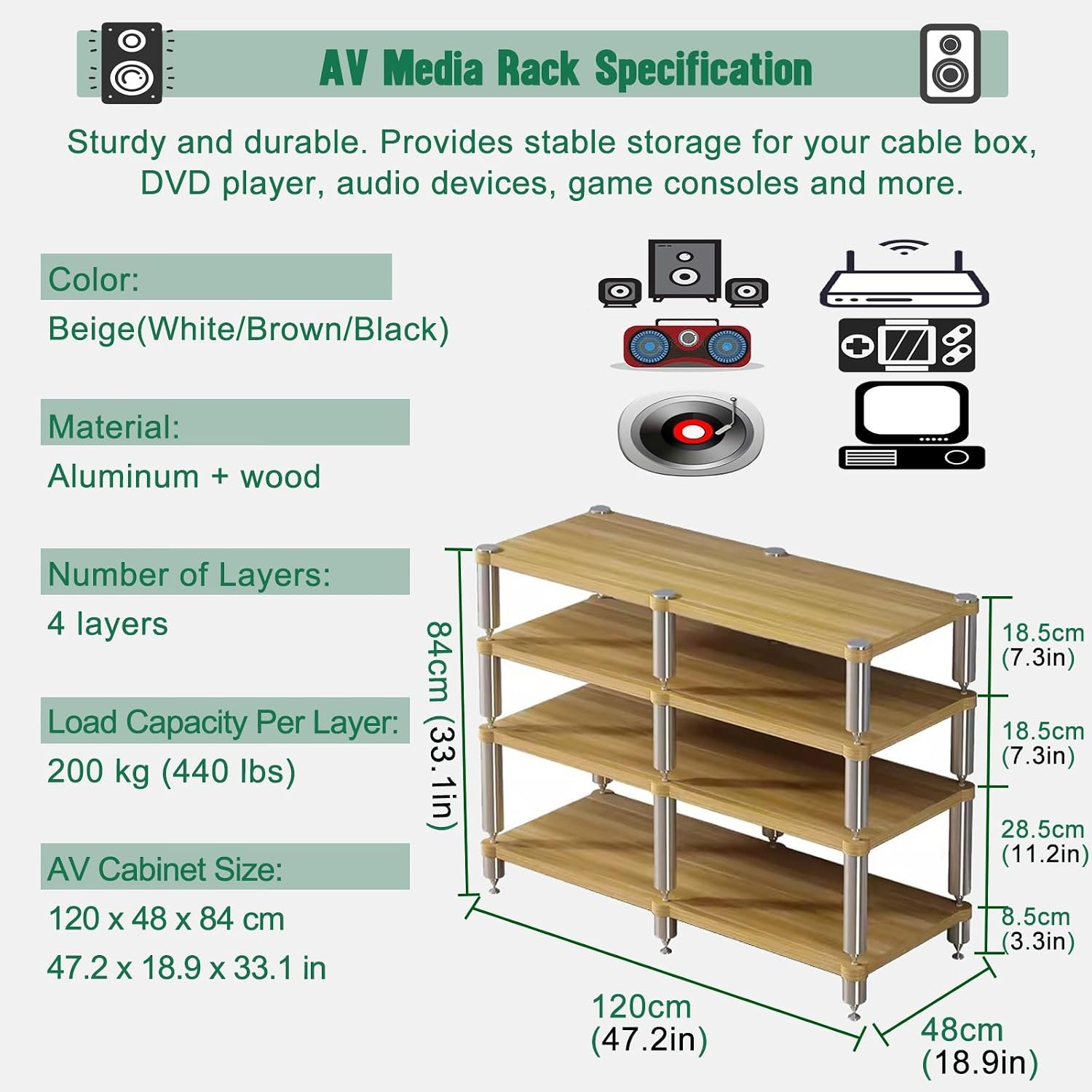 Home Theater AV Display Rack Heavy Duty, Audio Component Cabinet/Media Stereo Stand Equipment Shelf, 2 3 4 Tier Wooden Audio Equipment Organizer Shelf(Beige,120x48x84cm)
