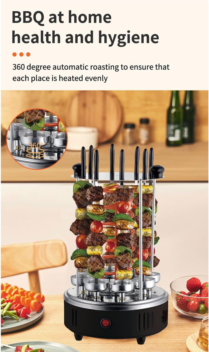 1500W Electric Rotating Vertical Rotisserie Grill,360 Fully Automatic Barbecue Shawarma Machine,w/Oil-Receiving Cup,8 Grilling Forks
