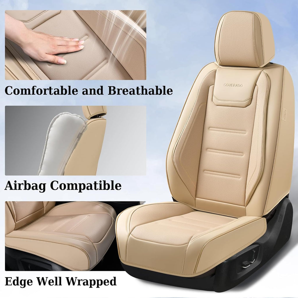 Coverado Car Seat Covers Full Set, Waterproof Car Seat Protector, Leather Seat Cushion, Universal Car Interior Covers Seat Protectors for Most Cars Beige