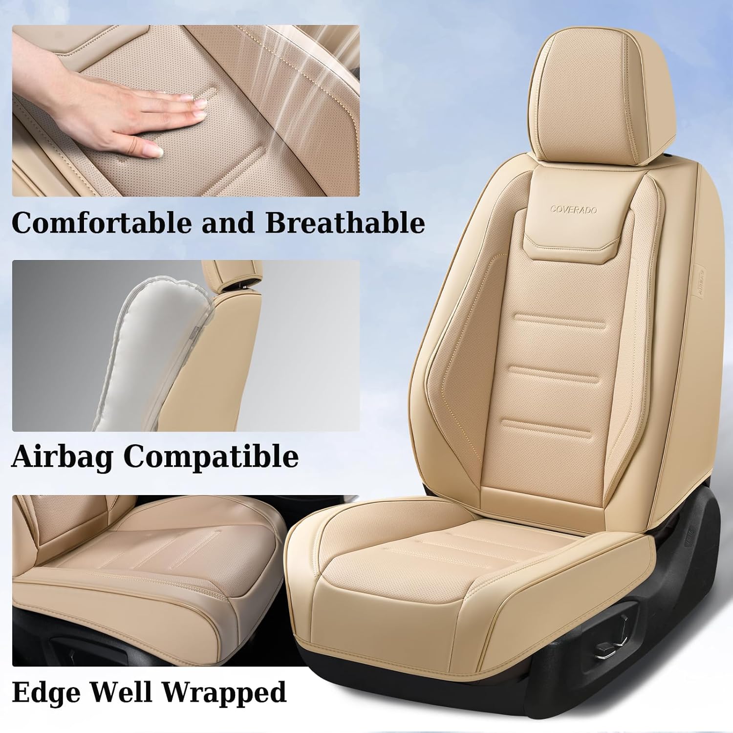 Coverado Car Seat Covers Full Set, Waterproof Car Seat Protector, Leather Seat Cushion, Universal Car Interior Covers Seat Protectors for Most Cars Beige