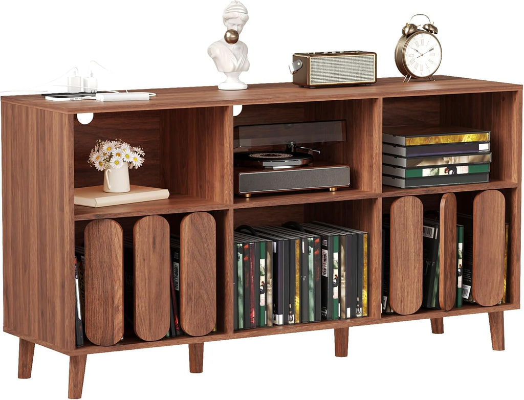 Modern Large Record Player Stand with Power Outlet, 55'' Mid-Century Vinyl Record Storage Holder Turntable Stand Record Stand Table with Charging Station, Wood TV Stand Media Console