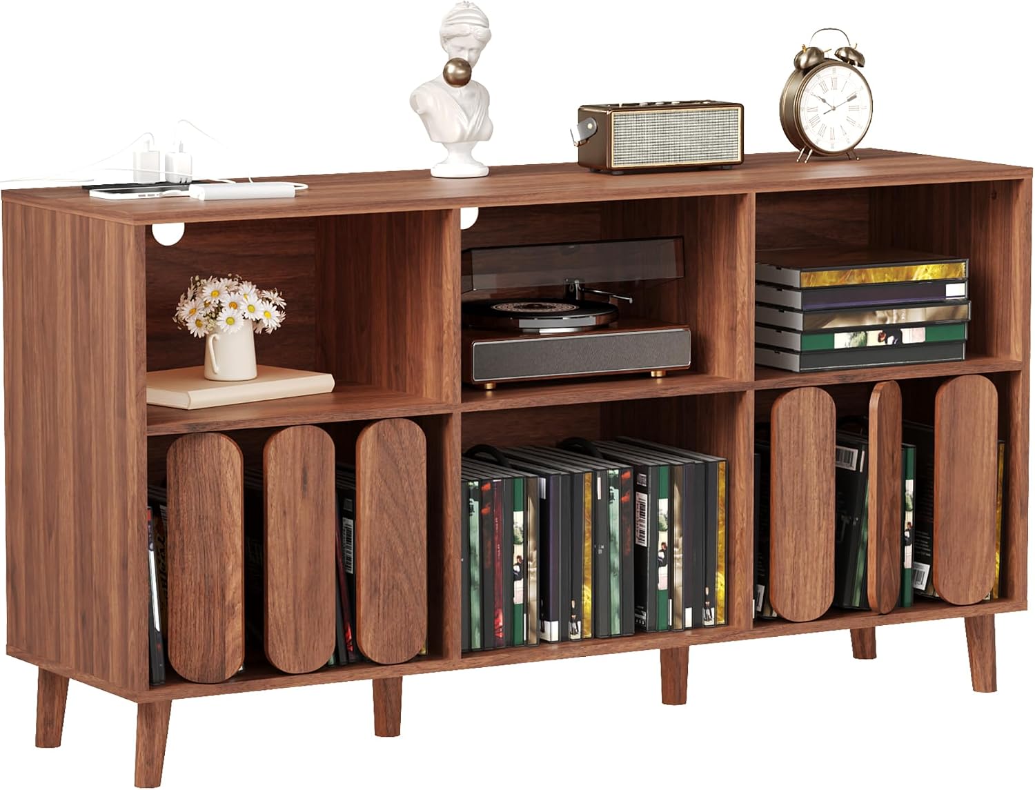 Modern Large Record Player Stand with Power Outlet, 55'' Mid-Century Vinyl Record Storage Holder Turntable Stand Record Stand Table with Charging Station, Wood TV Stand Media Console