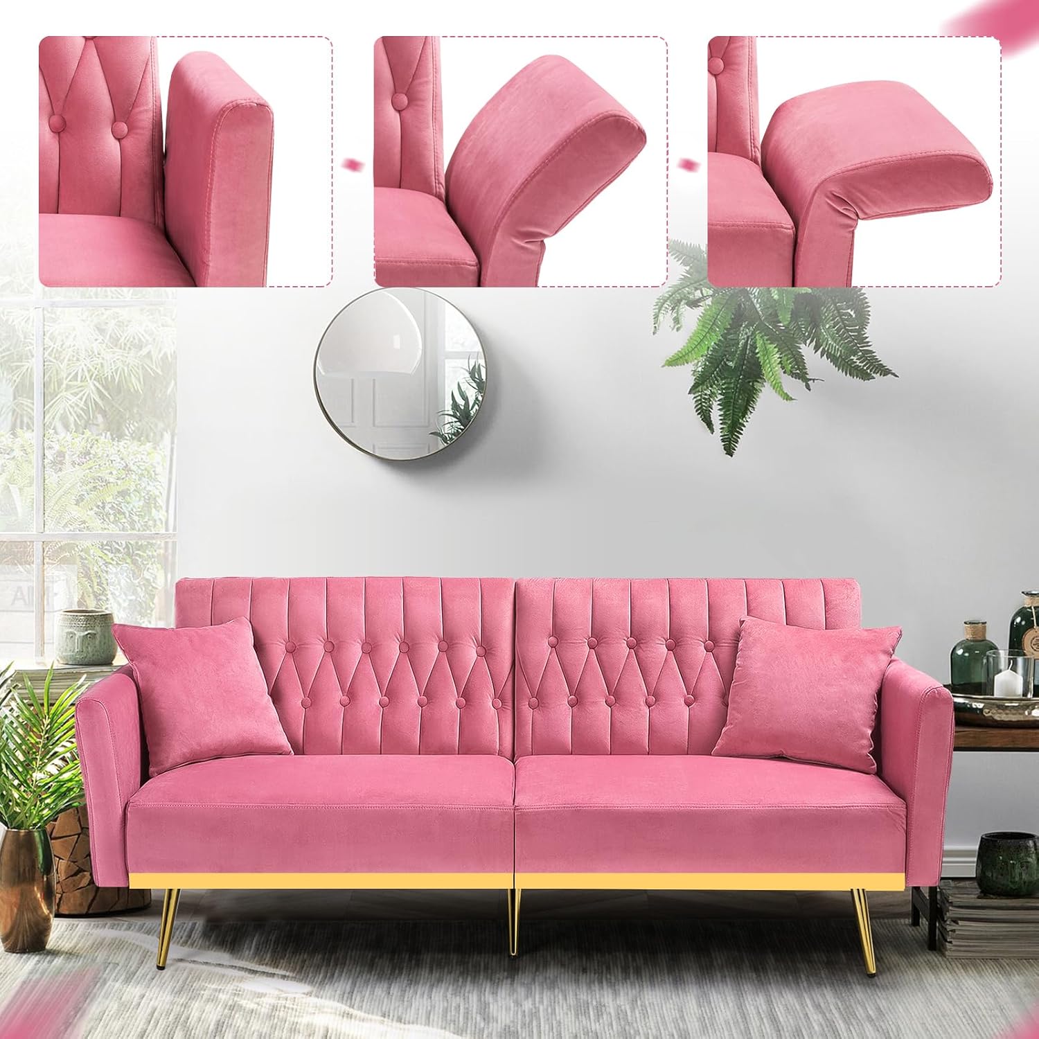70' Velvet Futon Sofa Bed with 2 Pillows and Adjustable Armrests, Convertible Sleeper Bed, Modern Loveseat for Living Room, Bedroom, Pink