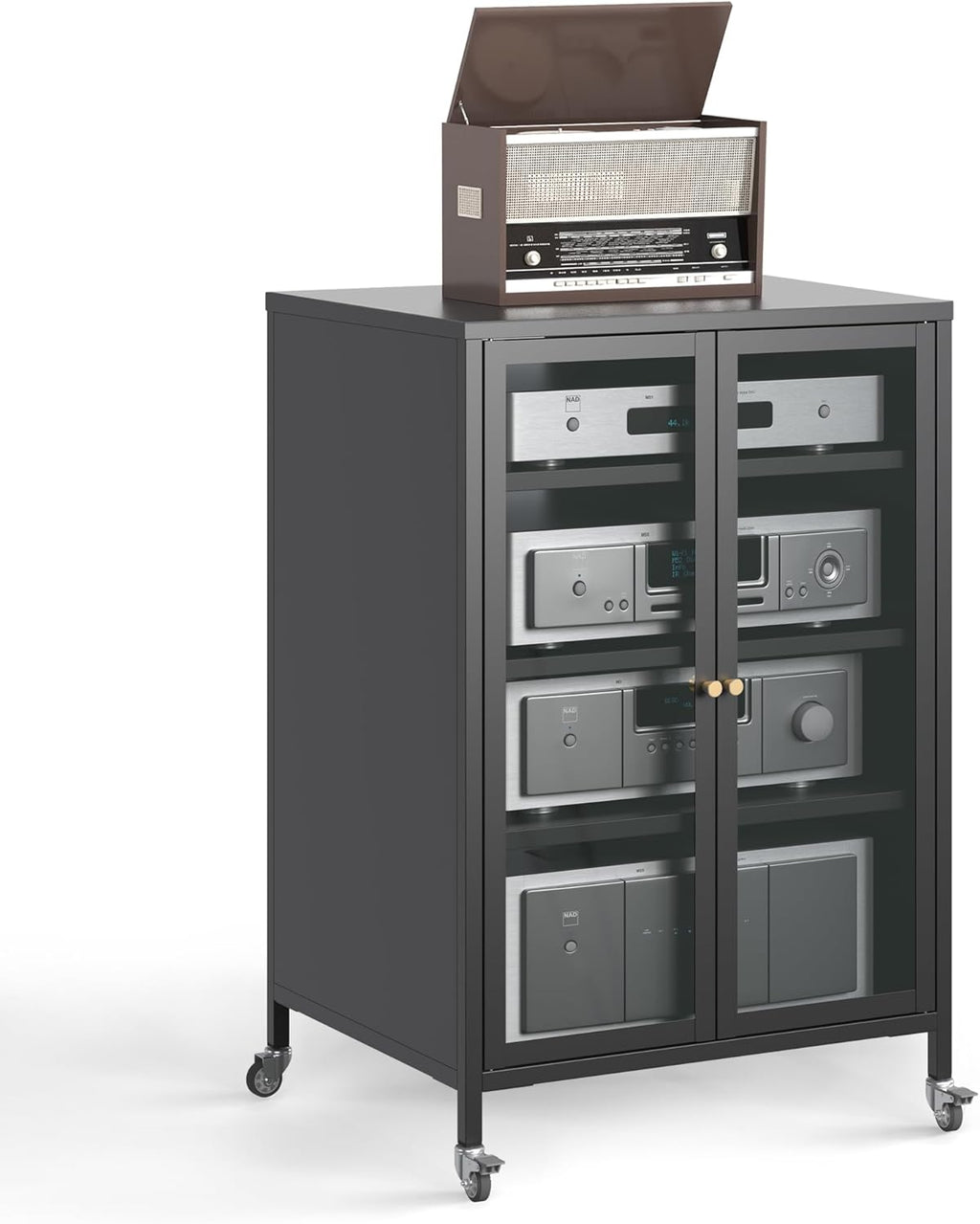 Media Cabinet with Glass Door Metal Stereo Cabinets with Adjustable Shelves 4 Tier DVD AV Storage Audio Video Rack Record Play Stand Display Cabinets for Living Room, Gaming, Recording Room – Black