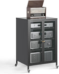 Media Cabinet with Glass Door Metal Stereo Cabinets with Adjustable Shelves 4 Tier DVD AV Storage Audio Video Rack Record Play Stand Display Cabinets for Living Room, Gaming, Recording Room – Black