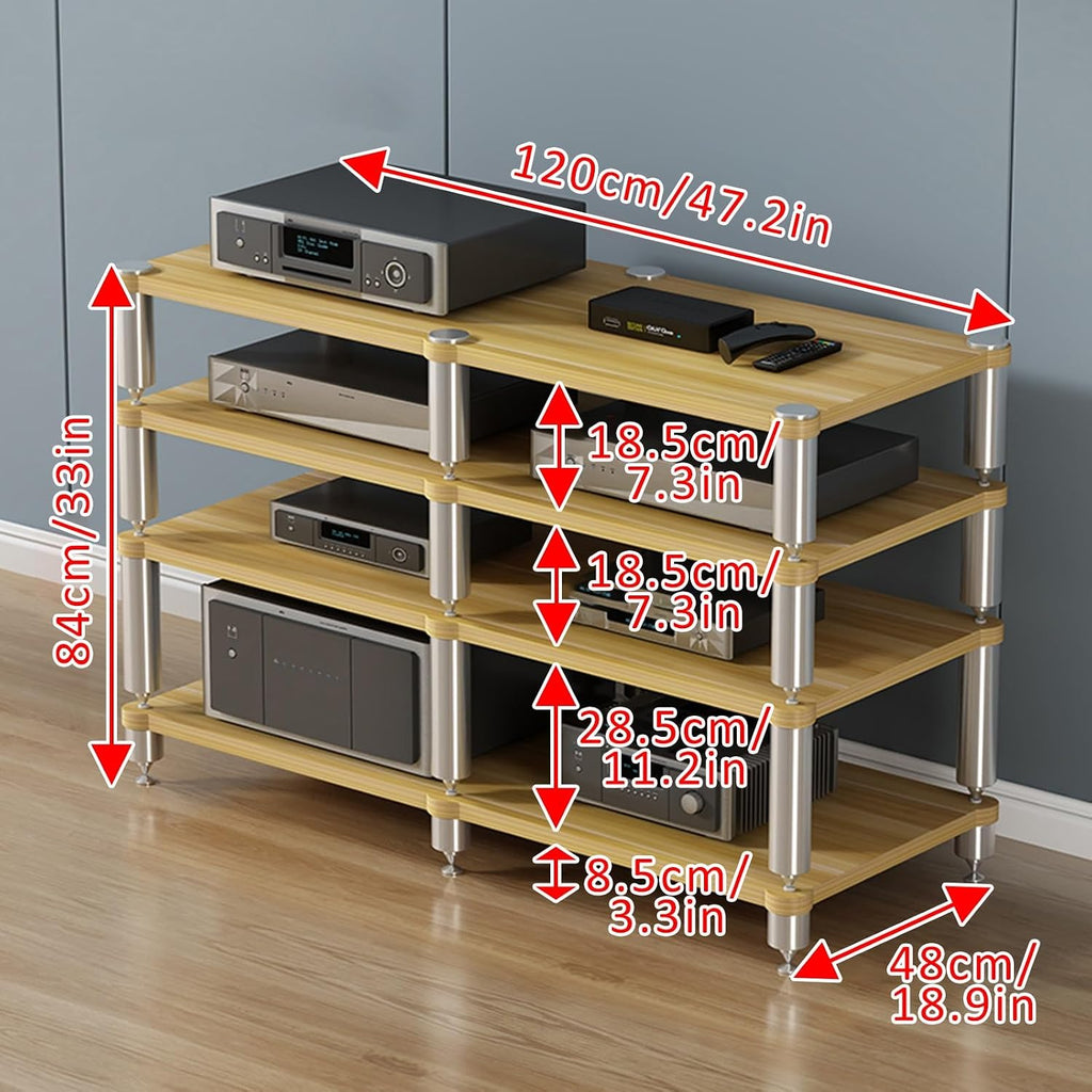 Media Storage Cabinet - 4-Tier Stereo Rack, Corner AV Stand for Audio/Video Components, Movable Entertainment Center, Video Game Console Shelf (Dark Finish)