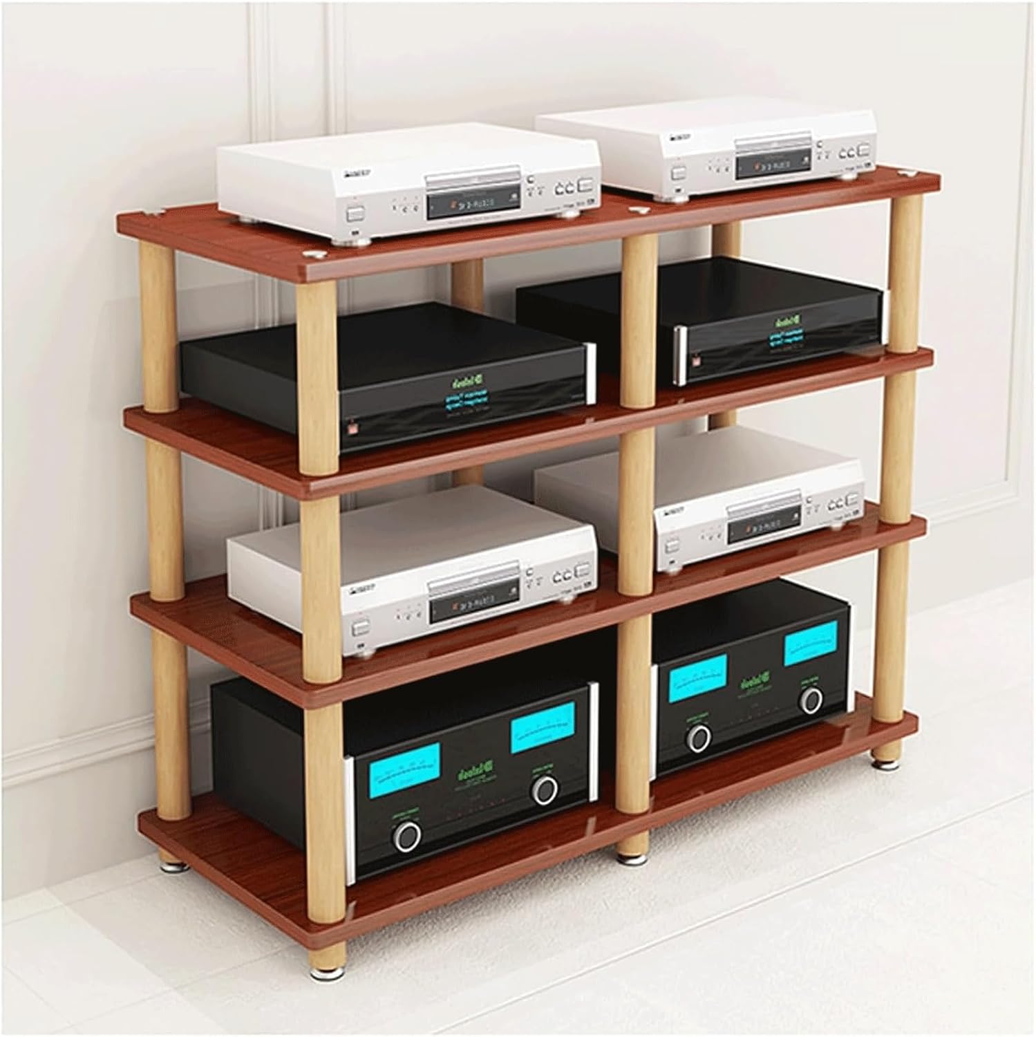 Audio Rack Stereo Rack 2/3/4 Tier Audio Equipment Rack Wooden Audio Rack Cabinet HiFi Rack Double Wide Audio Component Rack Durable(Brown,4 Tier)