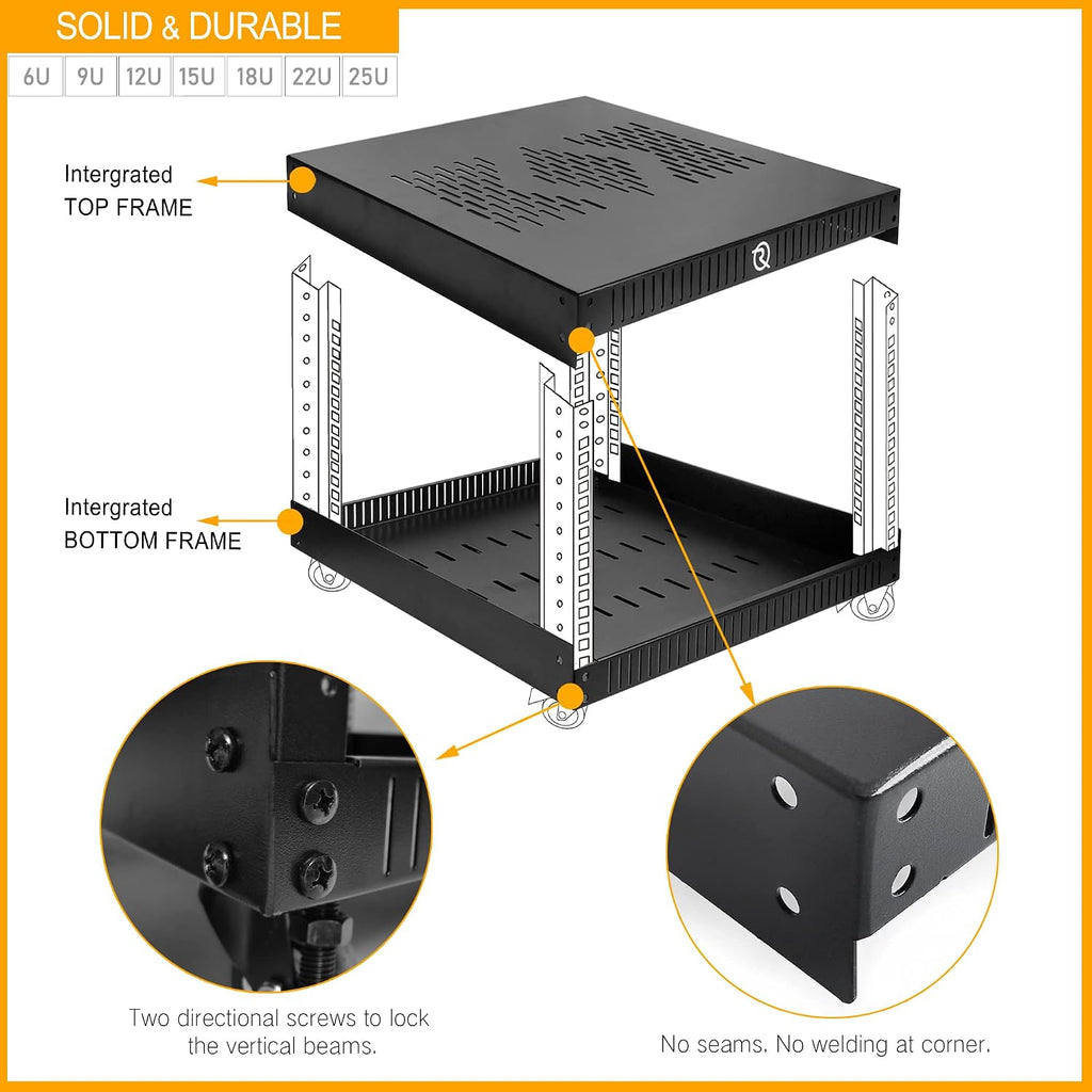 RIVECO 9U Network Rack with Reinforced Top Cover - 4 Post Floor Rack on Wheels for 19' Equipment & Stereo Gear- Including Rack Mount Power Strip & 1PCS 1U Rack Shelf