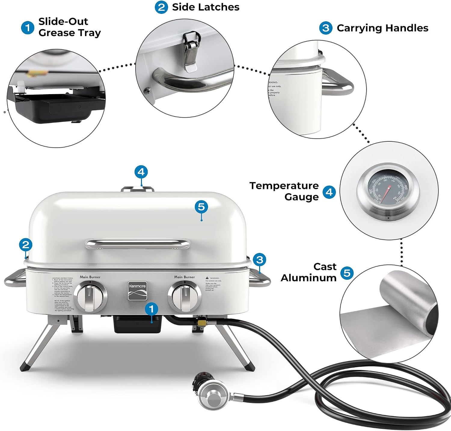 Kenmore Portable Propane Gas Grill - Tabletop BBQ Grill with Warming Rack, 2 Stainless Steel Burners with 14,000 BTUs, for Outdoor Kitchen, Camping, Pearl