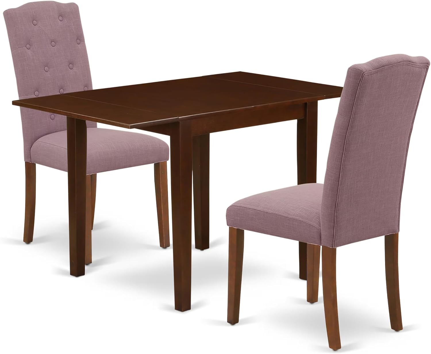 East West Furniture 1NDCE3-MAH-10 3 Piece Modern Dining Table Set Contains a Rectangle Wooden Table with Dropleaf and 2 Dahlia Linen Fabric Parson Dining Chairs, 30x48 Inch, Mahogany