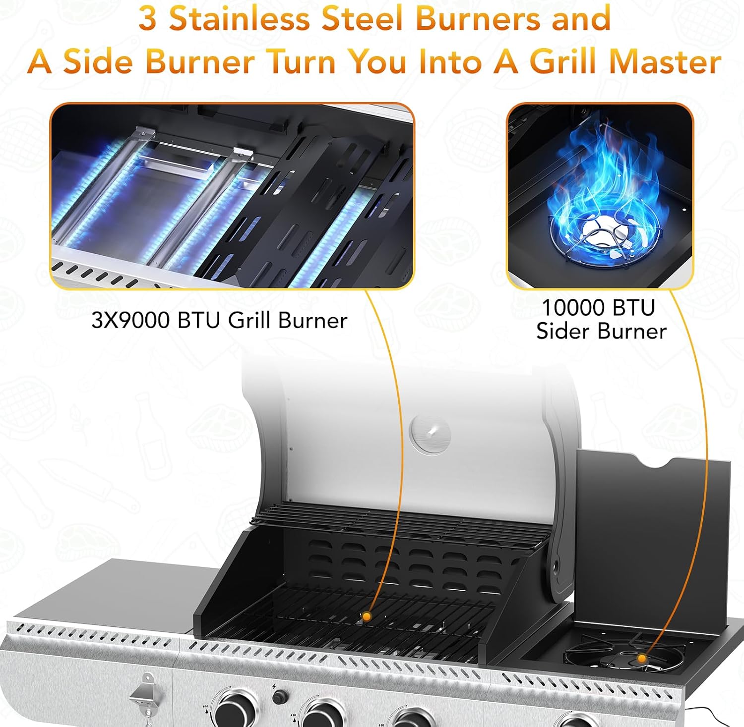 Electactic 3-Burner Propane Gas BBQ Grill with Side Burner,Stainless Steel Grill with Porcelain-Enameled Grates,37000 BTU Barbecue Grill, Suitable for Outdoor Cooking,Camping,Patio Backyard