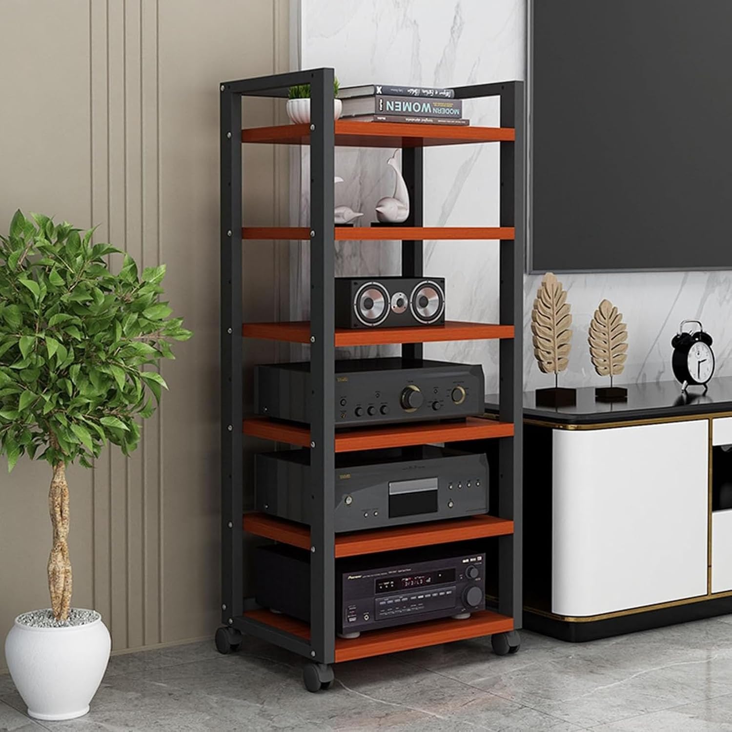 HOFSSI 6 Tier Furniture Media Stand DVD CD Player Stand Audio Rack Power Amplifier Equipment Cabinet Adjustable Open Storage Rack，Floorstanding Storage Shelves (Color : A)