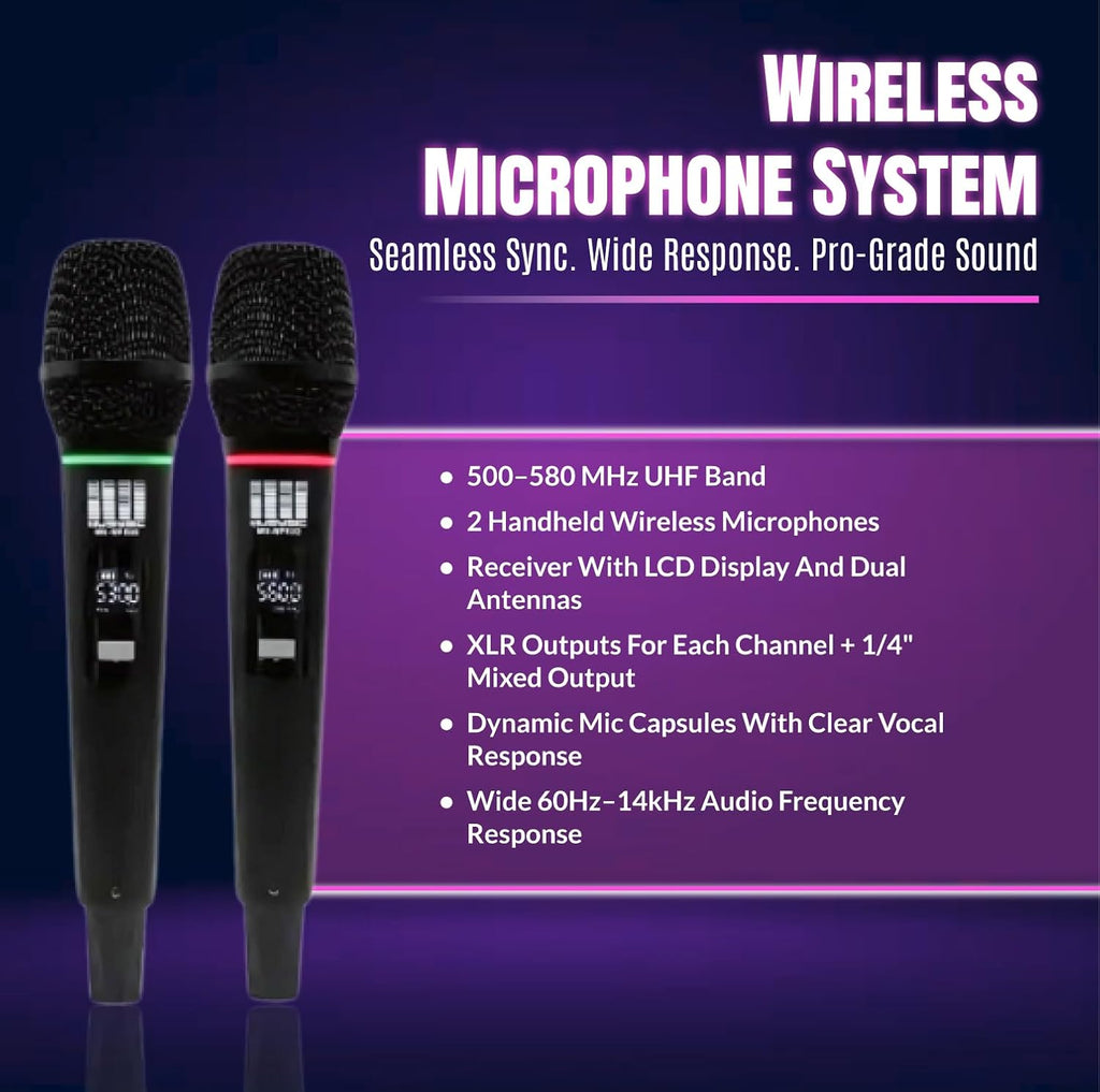 MUSYSIC Portable PA System with Wireless UHF Microphone, 12' PA Speaker System, Party DJ Speakers, 2000W Built-in Amplifier w/6 Channel Audio Mixer System, 1000W Passive Speaker, Dual Tripod Stands