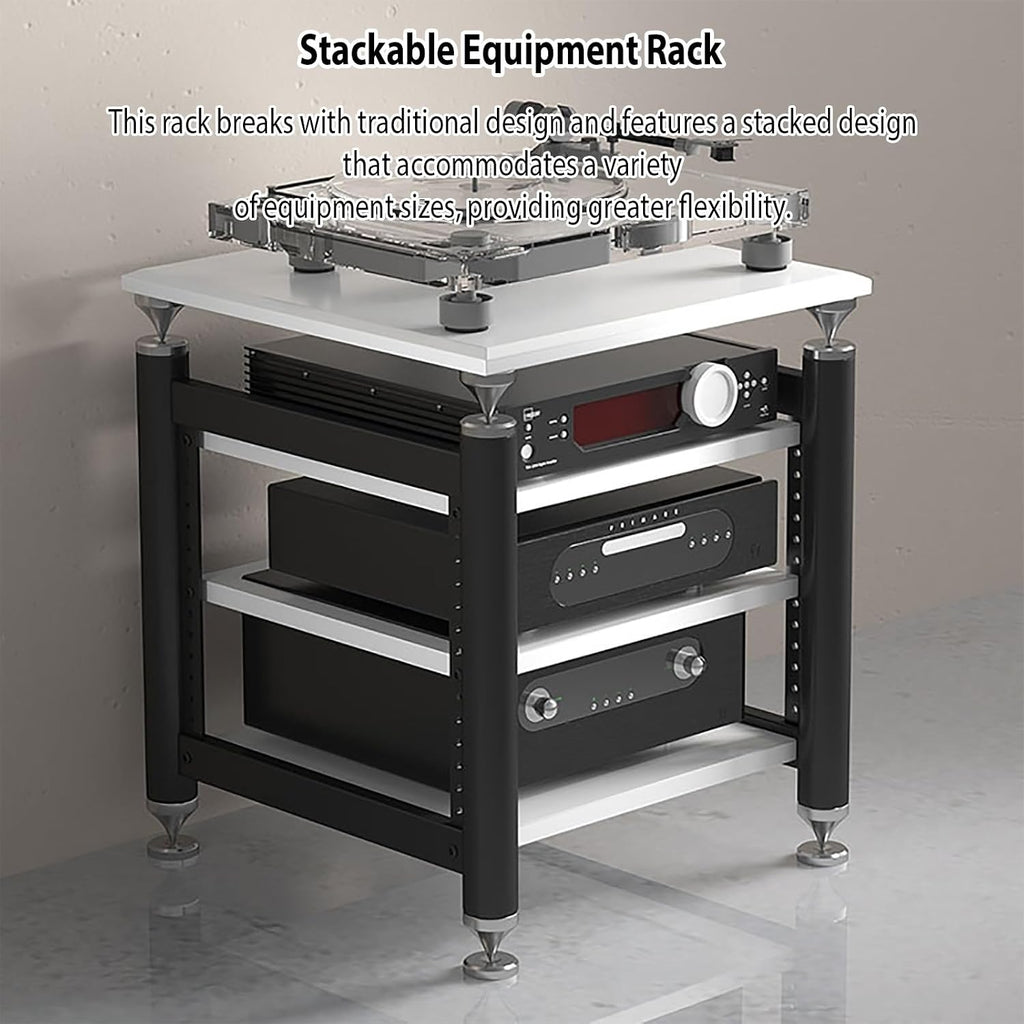 AV Media Stand,Audio Rack Stereo Cabinet,Stereo Stand with Shock-Absorbing Feet,Dvd Stand Storage Tower,record player console cabinet,Audio-video Shelving,Entertainment Stand(Black+white,4floor)