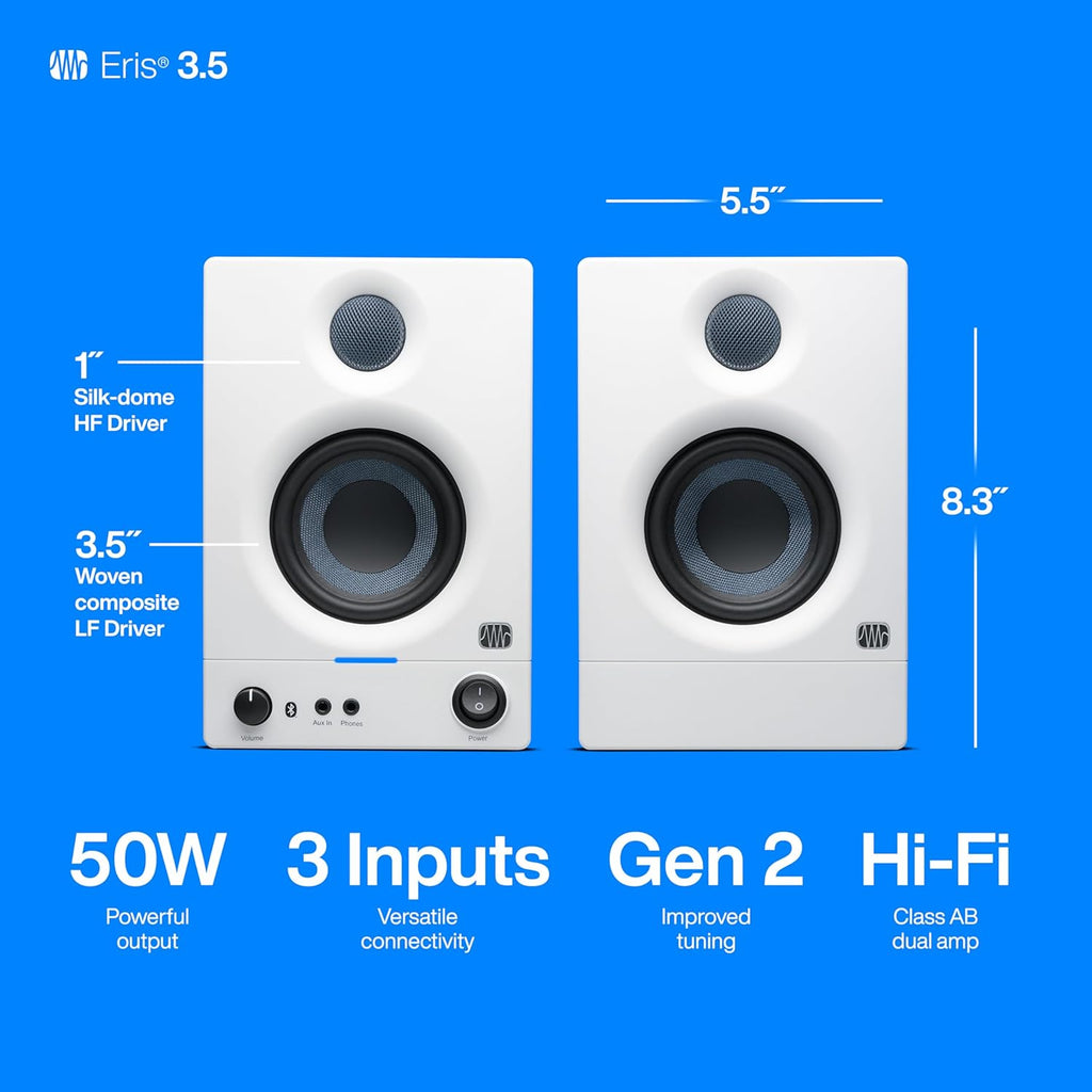 PreSonus Eris 3.5BT Studio Monitors, Pair — 3.5' Inch Powered Speakers, Bookshelf Speakers, Stereo, Desktop Computer, Near Field Music Production, Audio Mixing Recording