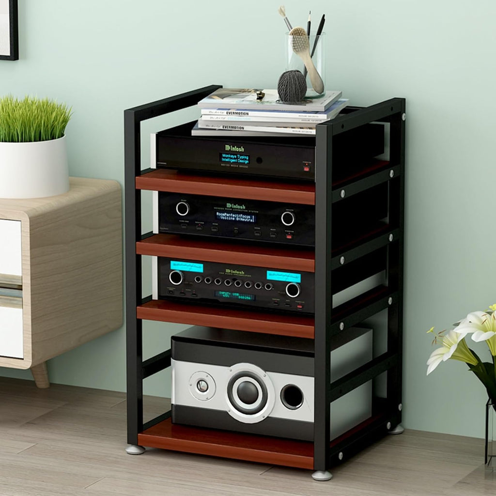 Modern Media Stand on Wheels - Movable Audio-Video Tower Cabinet for Entertainment Equipment, Stereo Component Storage, Ideal for Living Room, Gaming & Recording Spaces (Black)