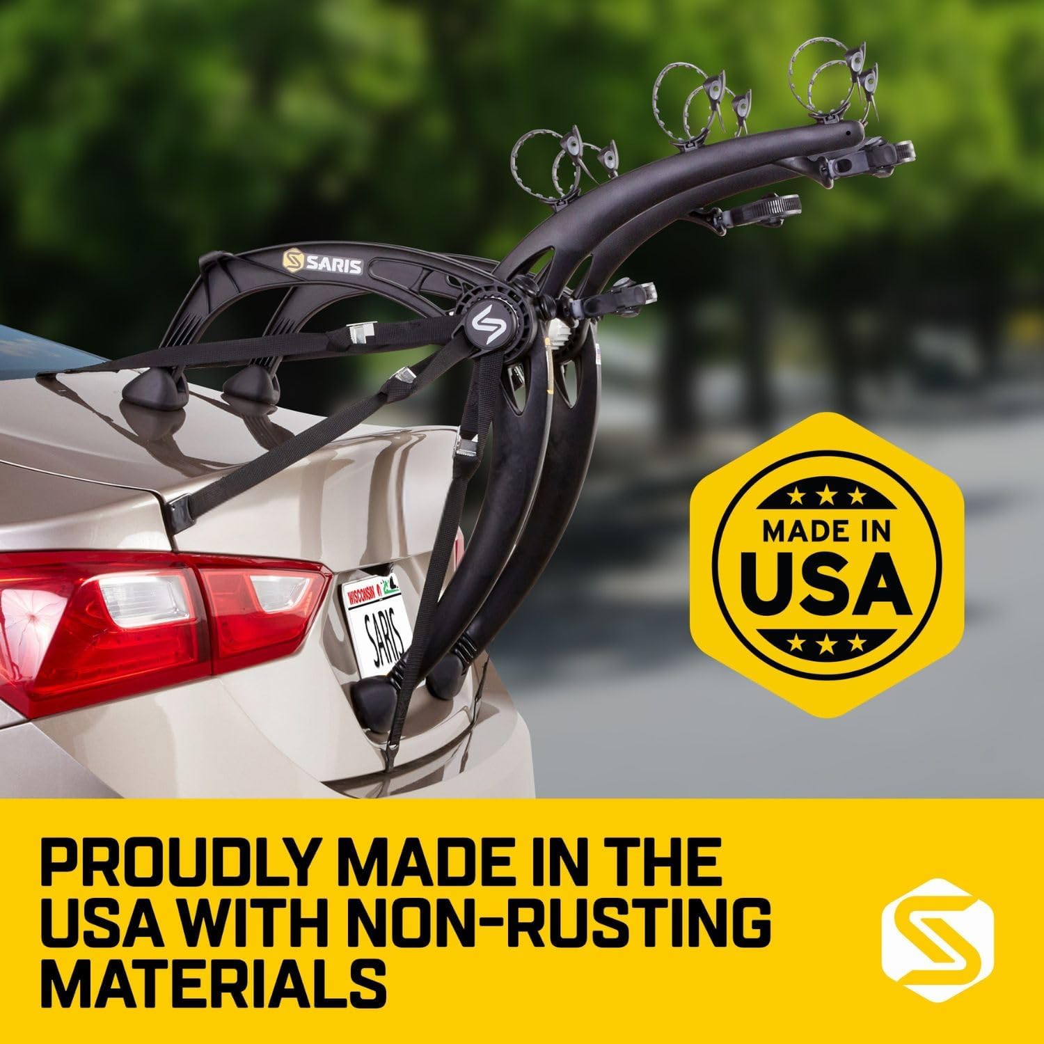 Saris Bones EX 3-Bike Trunk Rack Bicycle Carrier, Durable, Rust-Free, Anti-Sway Straps, Fits Most Vehicles, Made in USA, Arc-Based Design, 100% Recyclable Materials