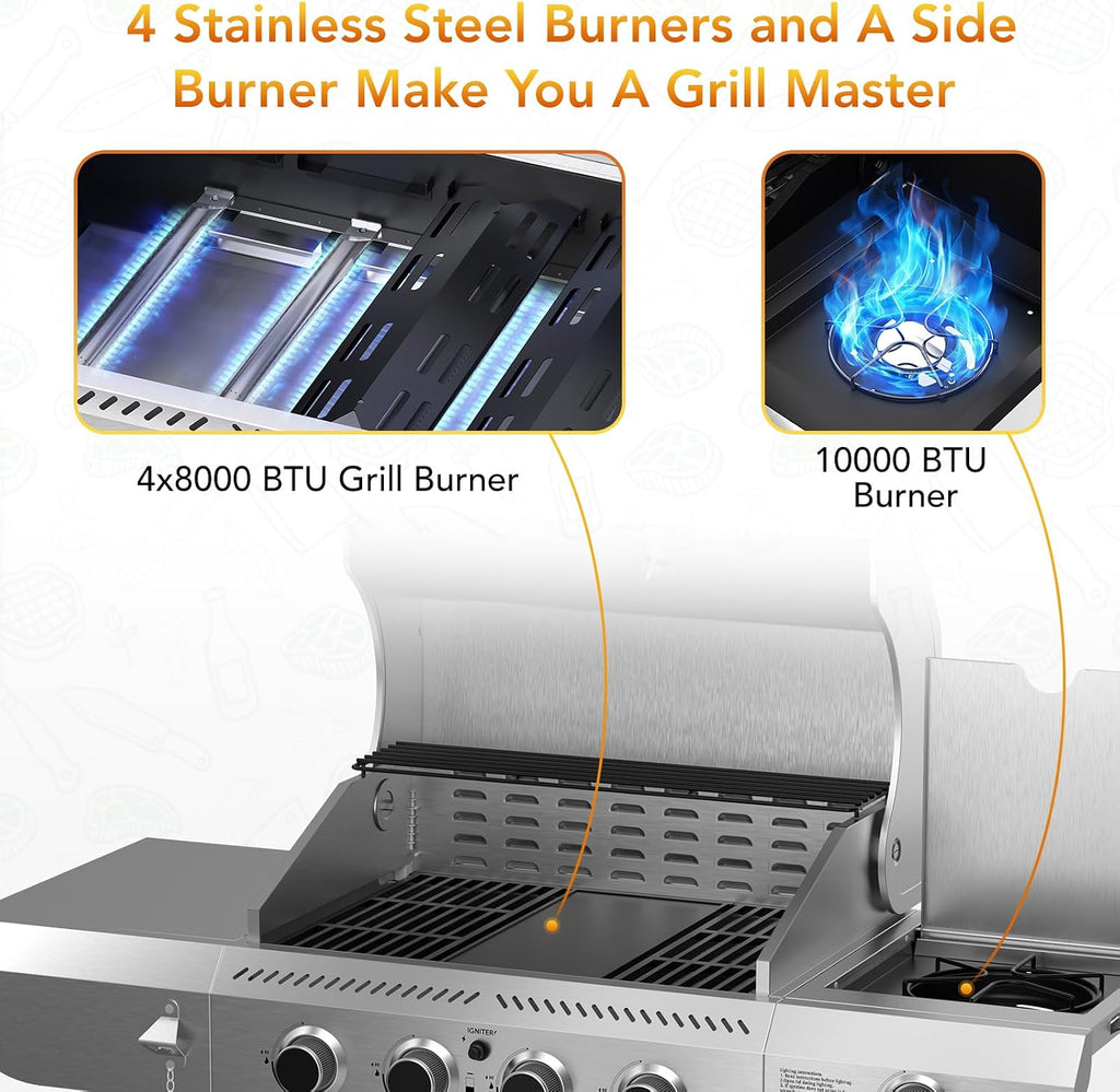 Electactic G41 Pro BBQ Grill,Heavy-Duty Stainless Steel Gas Grill, 4 Burner Gas Grill with Side Burner,42000 BTU Propane Grill for Outdoor Cooking,Barbecue,Garden and Patio Backyard