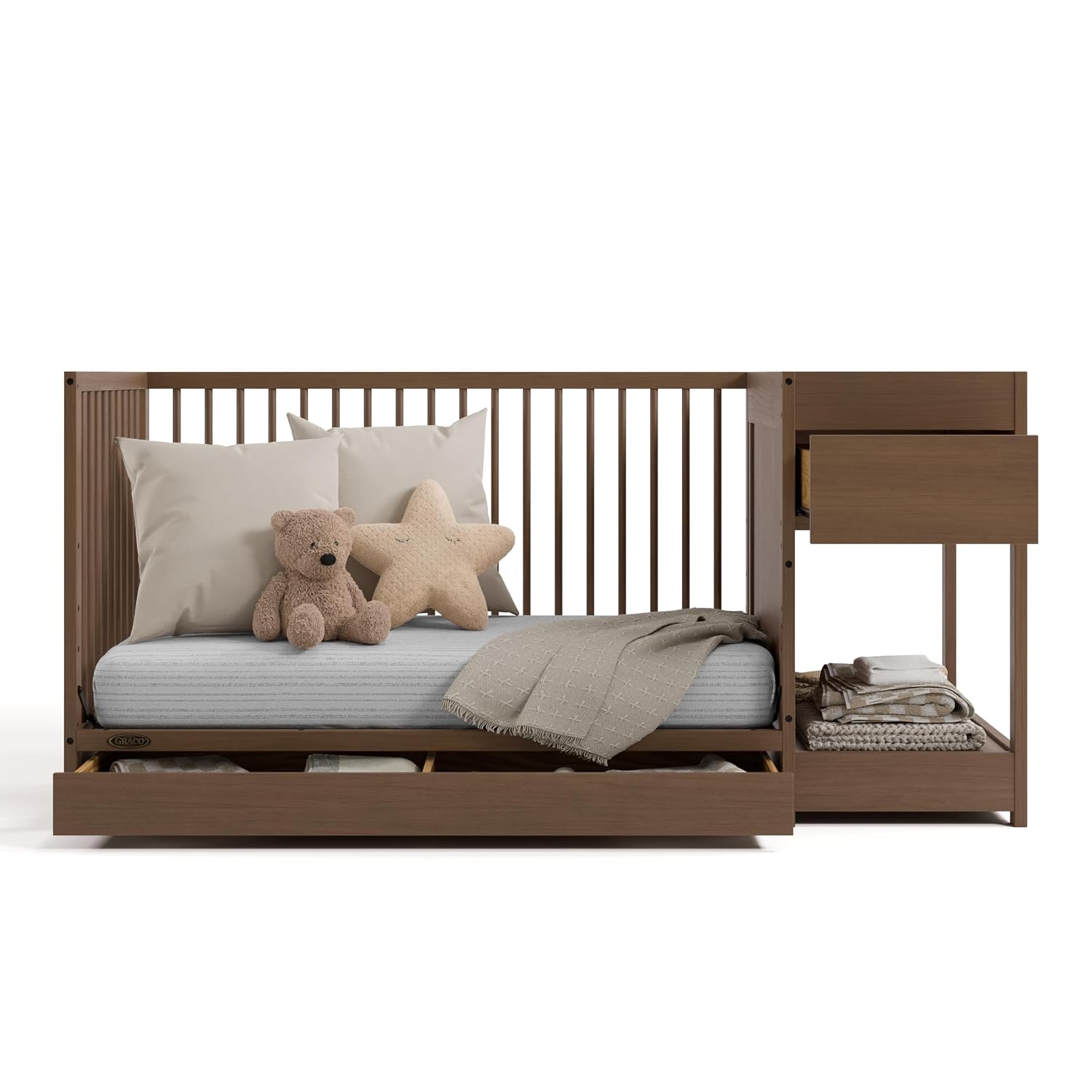 Graco Teddi 5-in-1 Convertible Crib & Changer with Drawer – GREENGUARD Gold Certified Baby Crib Crafted from Wood, Converts to Toddler Bed, Daybed, and Full-Size Bed (Hazelnut)