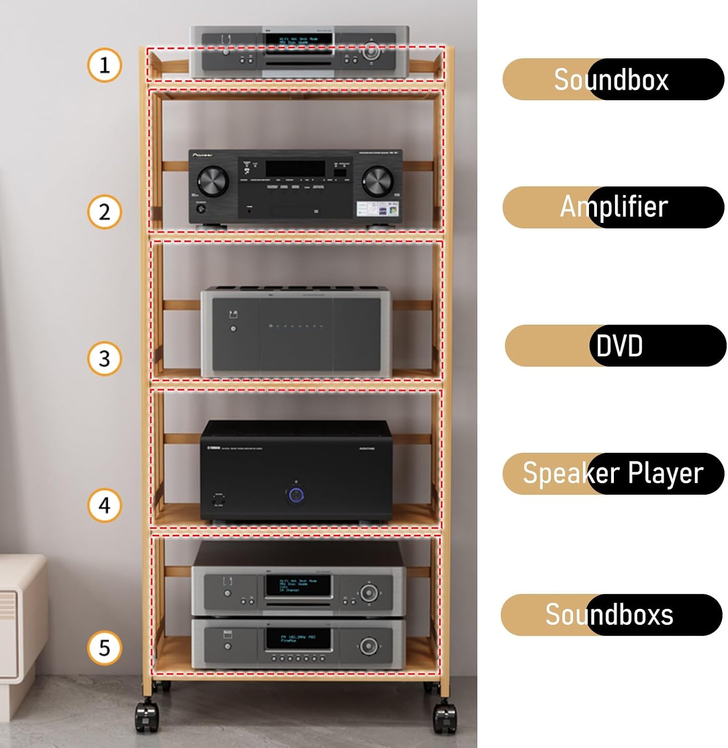 Hifi Racks And Stands 2 3 4 5 Tier, Audio Component Rack Tower Media Stereo Stand Equipment Shelf With wheels, Adjustable Stereo Component Rack System Cabinet for Home/ Commercial(Style 2,53cmx60cm/21