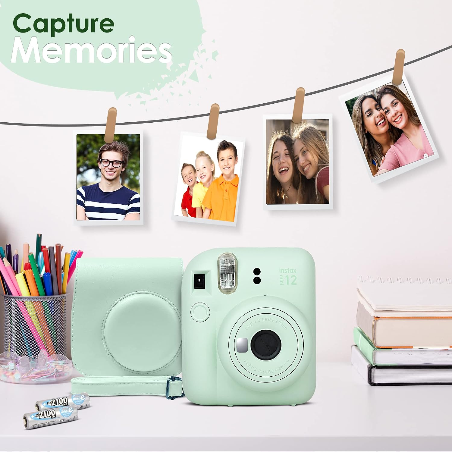 Fujifilm Instax Mini 12 Instant Camera Mint Green and Fuji Film Value Pack (60 Sheets) Bundle with Sturdy Tiger Accessories, Carrying Case, Photo Album 64 Pockets