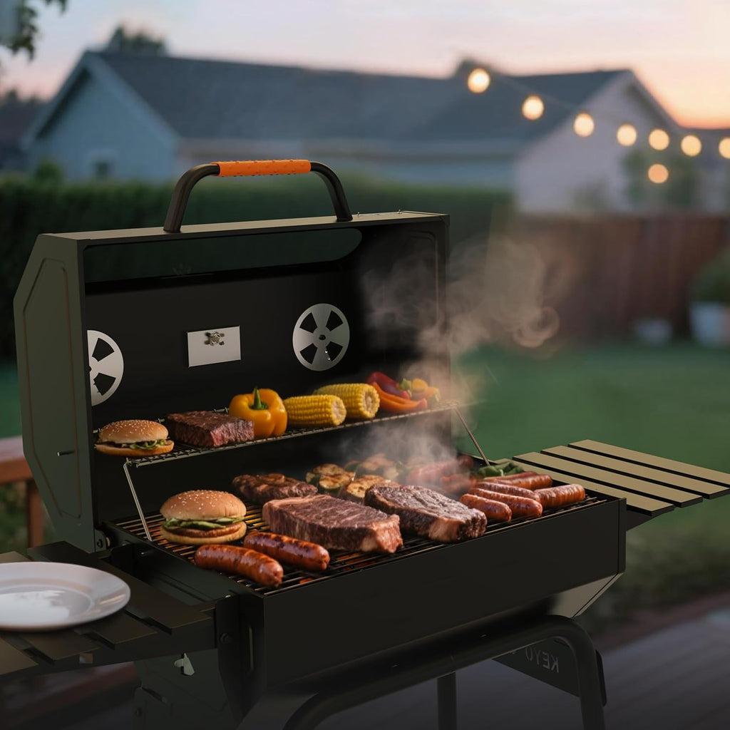 KEYO GRILL 23-Inch Movable Charcoal Grill, High Temperature Resistant Glass Barrel Charcoal Grills with Adjustable Vents, Warming Rack Outdoor BBQ Grills for Backyard, Patio and Parties, Black