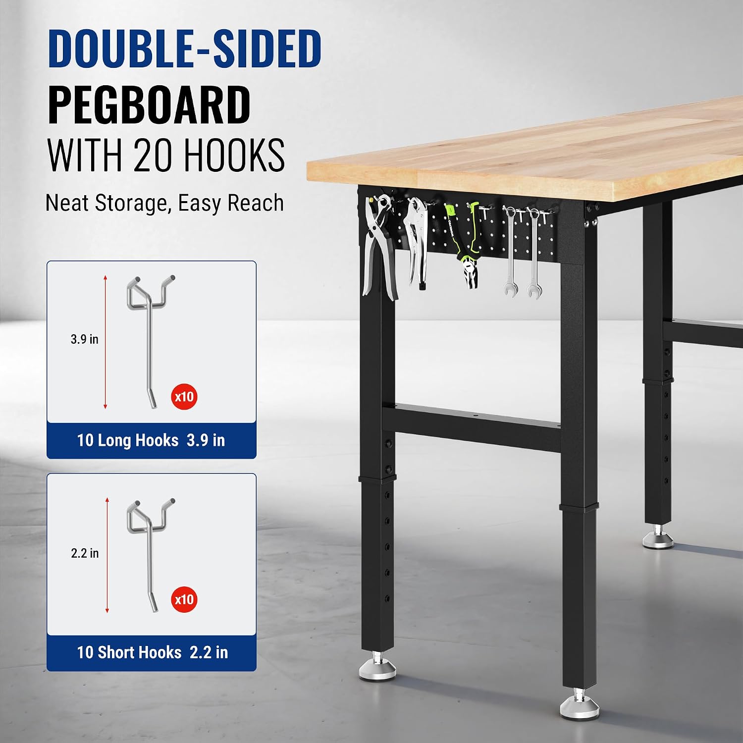 WORKPRO 96x24' Heavy-Duty Adjustable Workbench, 4000LBS Load Capacity Work Table with Power Outlet & Pegboard, Rubber Wood Top Workstation with Leveling Foot for Garage, Workshop