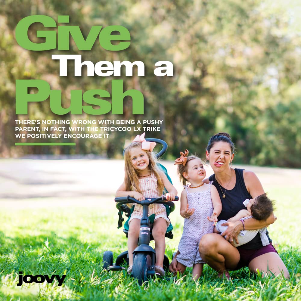 Joovy Tricycoo LX Premium Kids Tricycle with 8 Stages Featuring Chunky Front Tire, Removable and Adjustable Parent Handle, Safety Harness, Machine-Washable Seat Pad, and Retractable Canopy, Zinnia