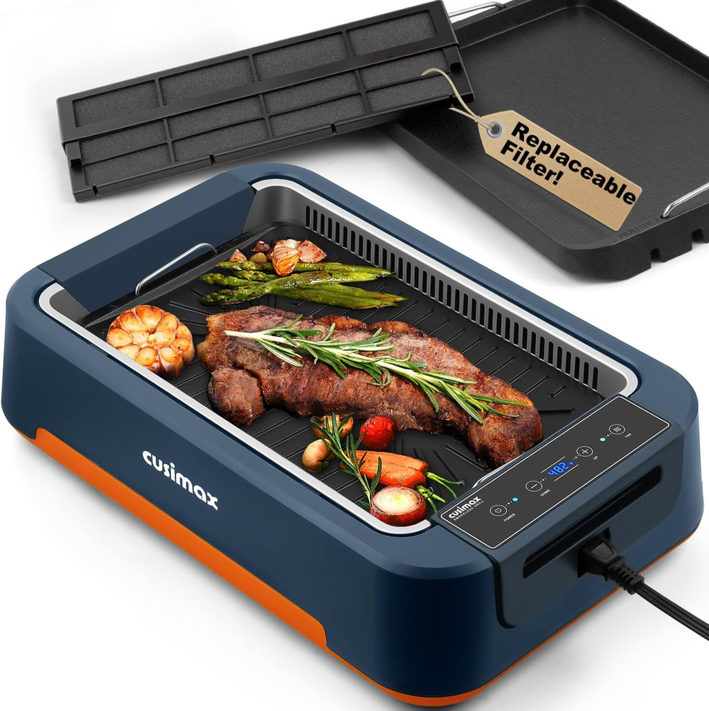 Electric Grill, CUSIMAX Smokeless Indoor Grill & Griddle, Electric Korean BBQ Grill with Turbo Smoke Extractor & REPLACEABLE Filter Sponge, Smart LED Display, Larger Grilling Area, 1500W(New Model)