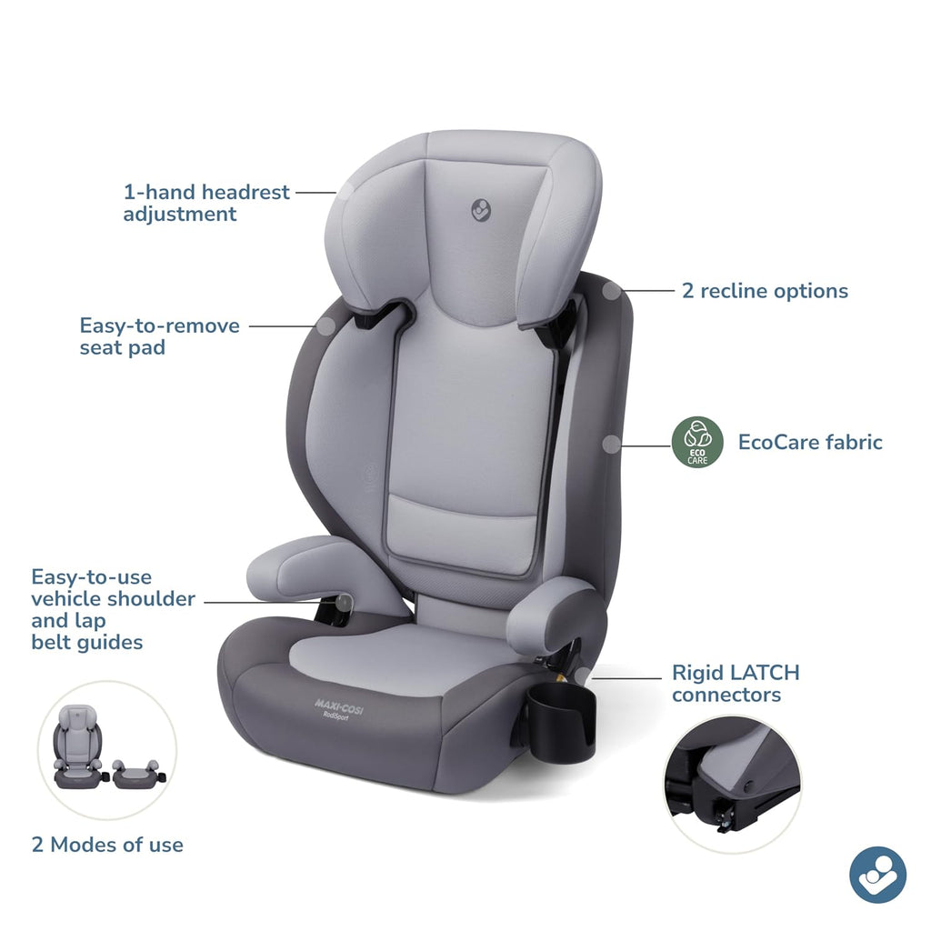 Maxi-Cosi RodiSport Kids Booster Car Seat, High-Back, Backless Booster, 7-Position Headrest, Easy Latch System, Reclining Chair, Belt Guide, Fits 40-100 lbs, 43.4-57 in, Sea Salt