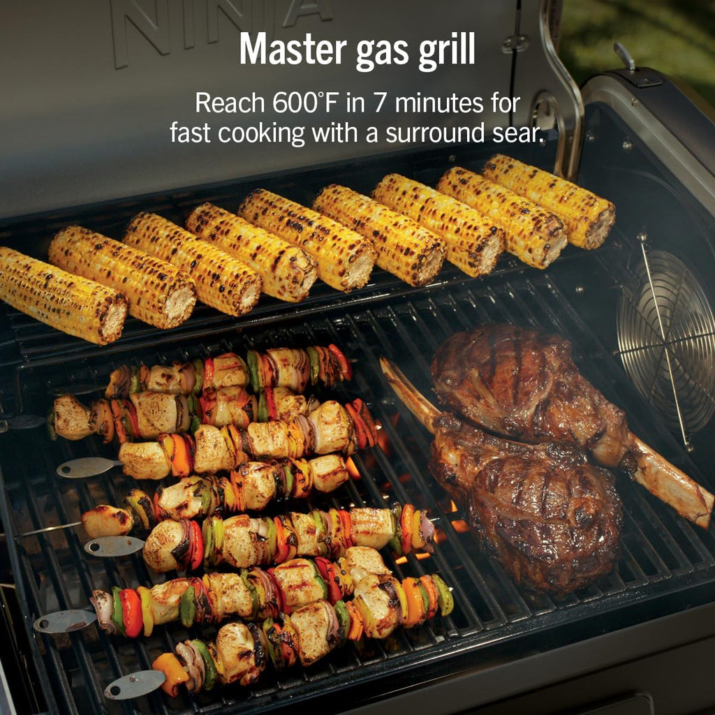 Ninja FlexFlame Grill and Smoker | Electric and Propane Grill, Roaster, BBQ Grill | 5-in-1 Cooking System | 3 Burner | Digital Control | Outdoor Cooking, Griddle, Pizza Maker | Black | PG301BK