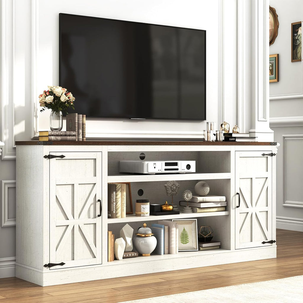 Hlivelood 75' Farmhouse TV Stand with Power Outlets for 85 Inch TVs, 33' Tall Entertainment Center with Storage Cabinets w/Adjustable Shelves, Rustic Large TV Media Console, Rustic White
