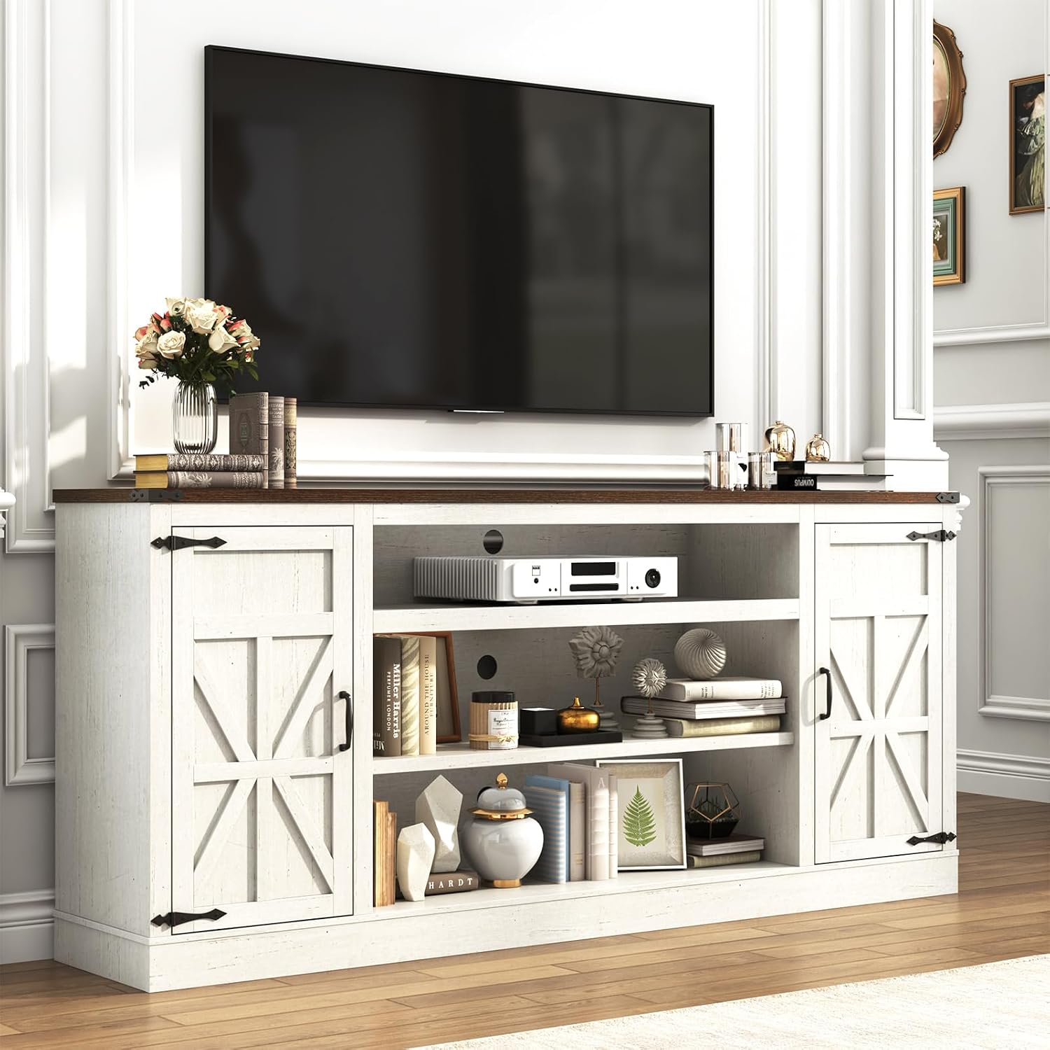 Hlivelood 75' Farmhouse TV Stand with Power Outlets for 85 Inch TVs, 33' Tall Entertainment Center with Storage Cabinets w/Adjustable Shelves, Rustic Large TV Media Console, Rustic White