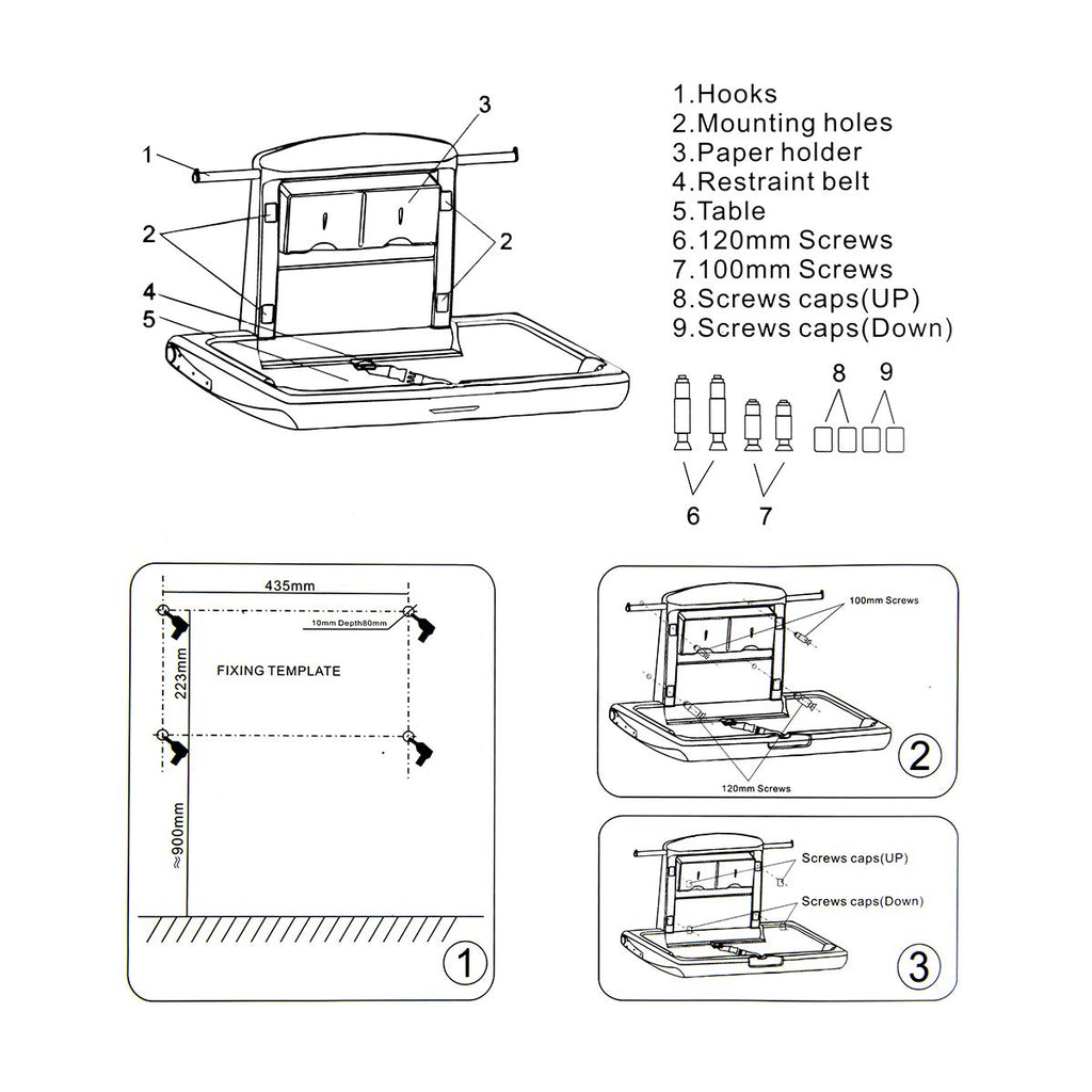 Horizontal Baby Changing Station, Wall Mounted HDPE Fold-Down Diaper Changing Table for Commercial Bathrooms, Daycare, Restaurants & Hotels, Safety Strap, 2 Liner Dispensers, White Granite