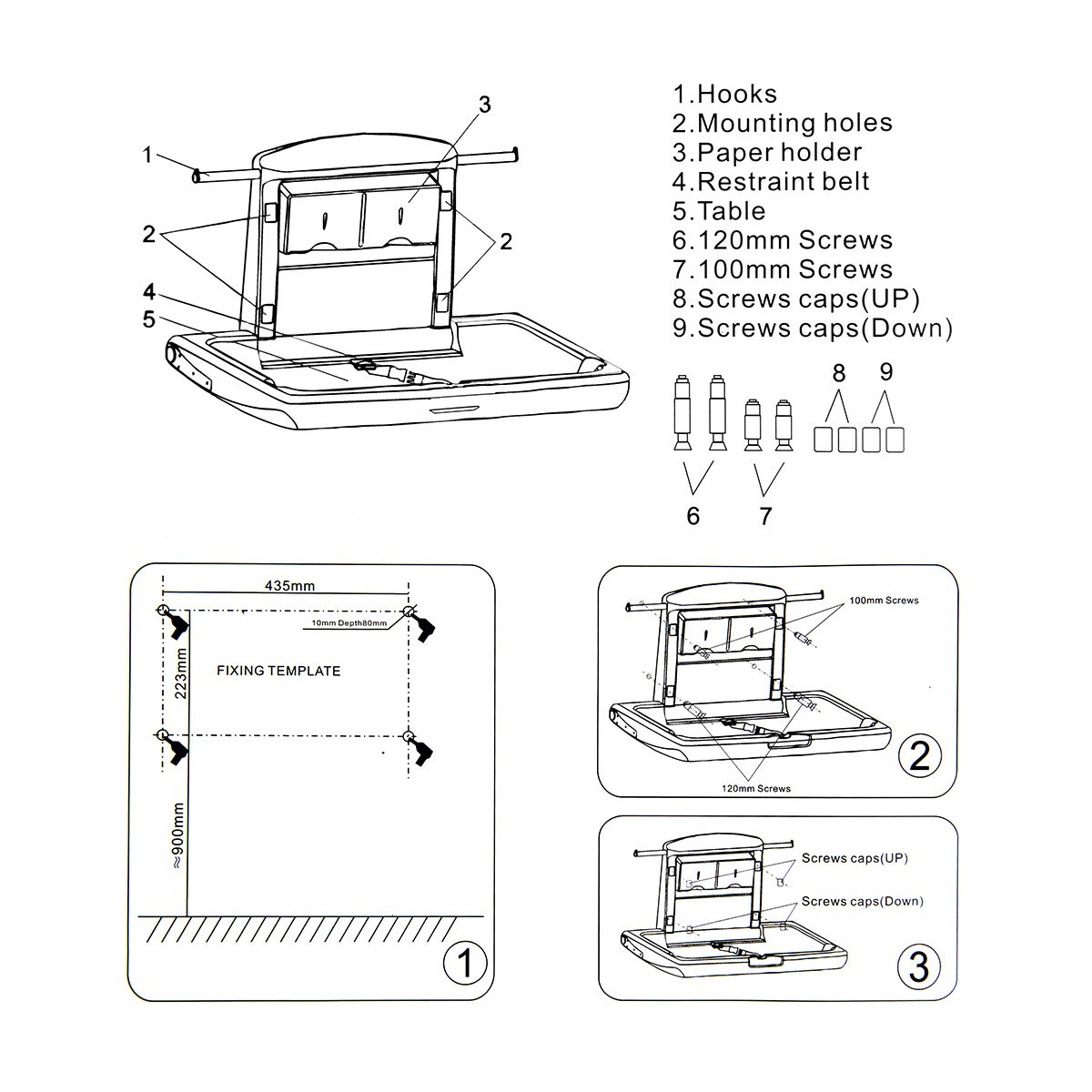 Horizontal Baby Changing Station, Wall Mounted HDPE Fold-Down Diaper Changing Table for Commercial Bathrooms, Daycare, Restaurants & Hotels, Safety Strap, 2 Liner Dispensers, White Granite