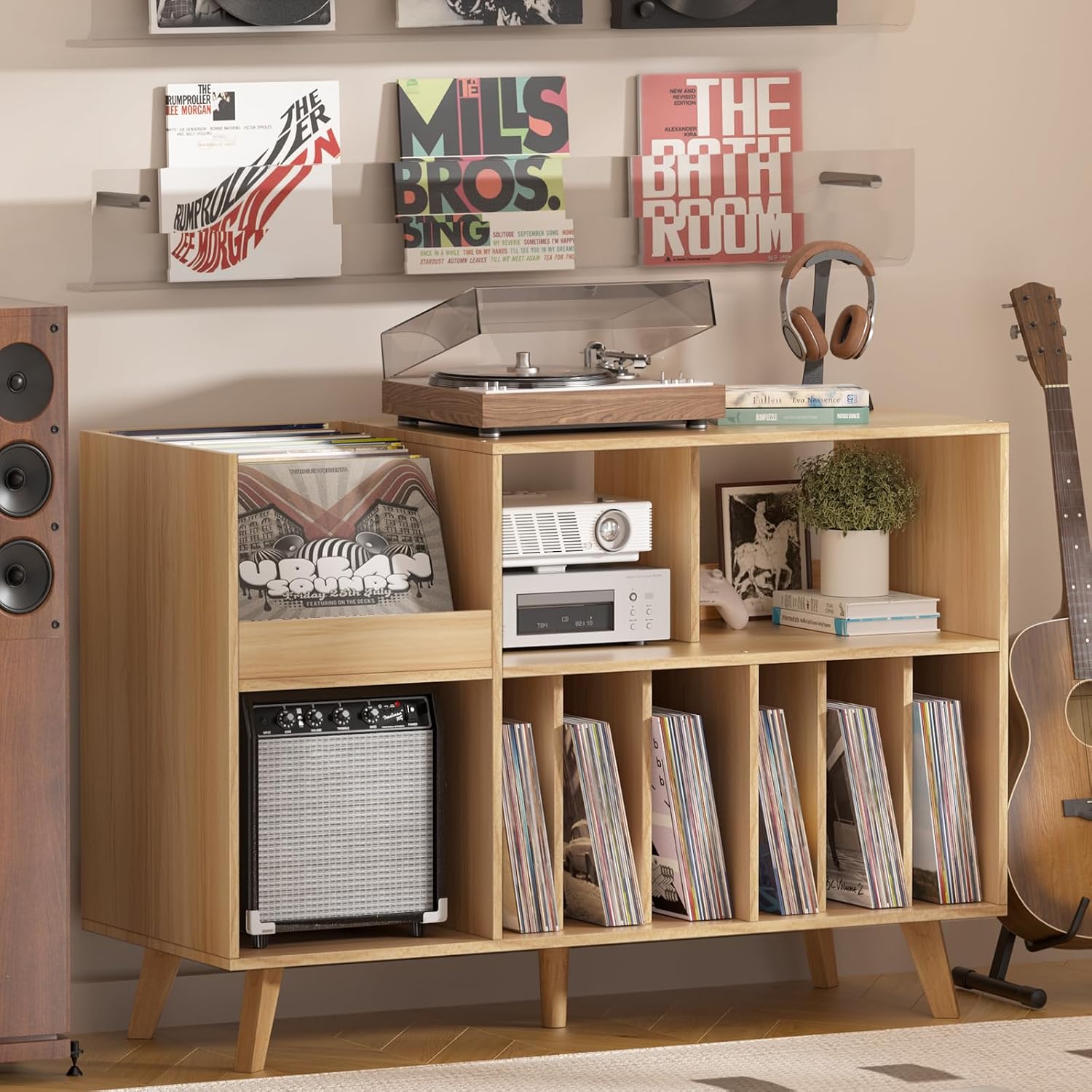 LELELINKY Natural Wood 48''Record Player Stand with Storage and Display Area, Turntable Stand Vinyl Record Holder Player Table Holds Up to 450 Albums, Record Stand for Music Room Living Room